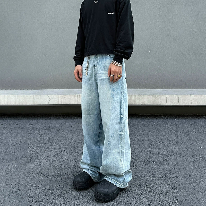 Body Design Light Blue Wide-Leg Distressed Denim Pants