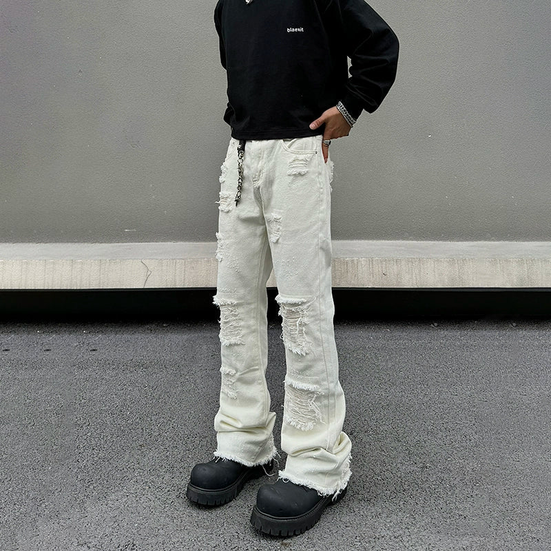 Stretch Design Ripped Slim Flared Wide-Leg Denim Pants