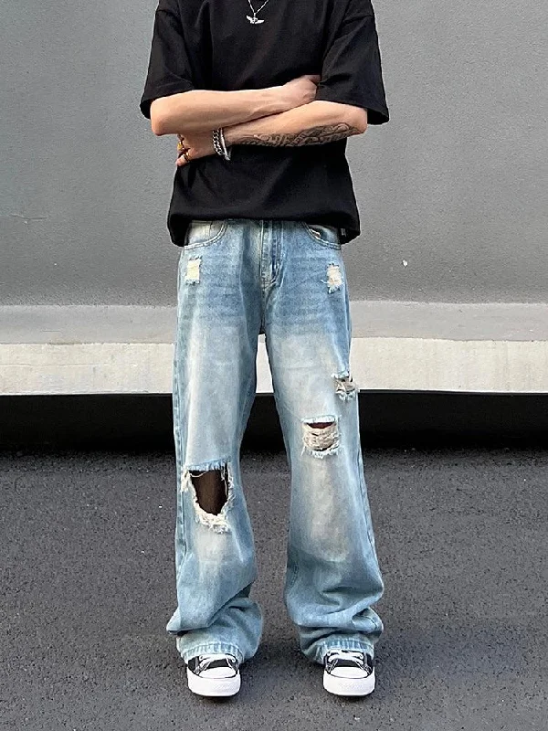 Youthful Style Ripped Wide-leg Mopping Jeans