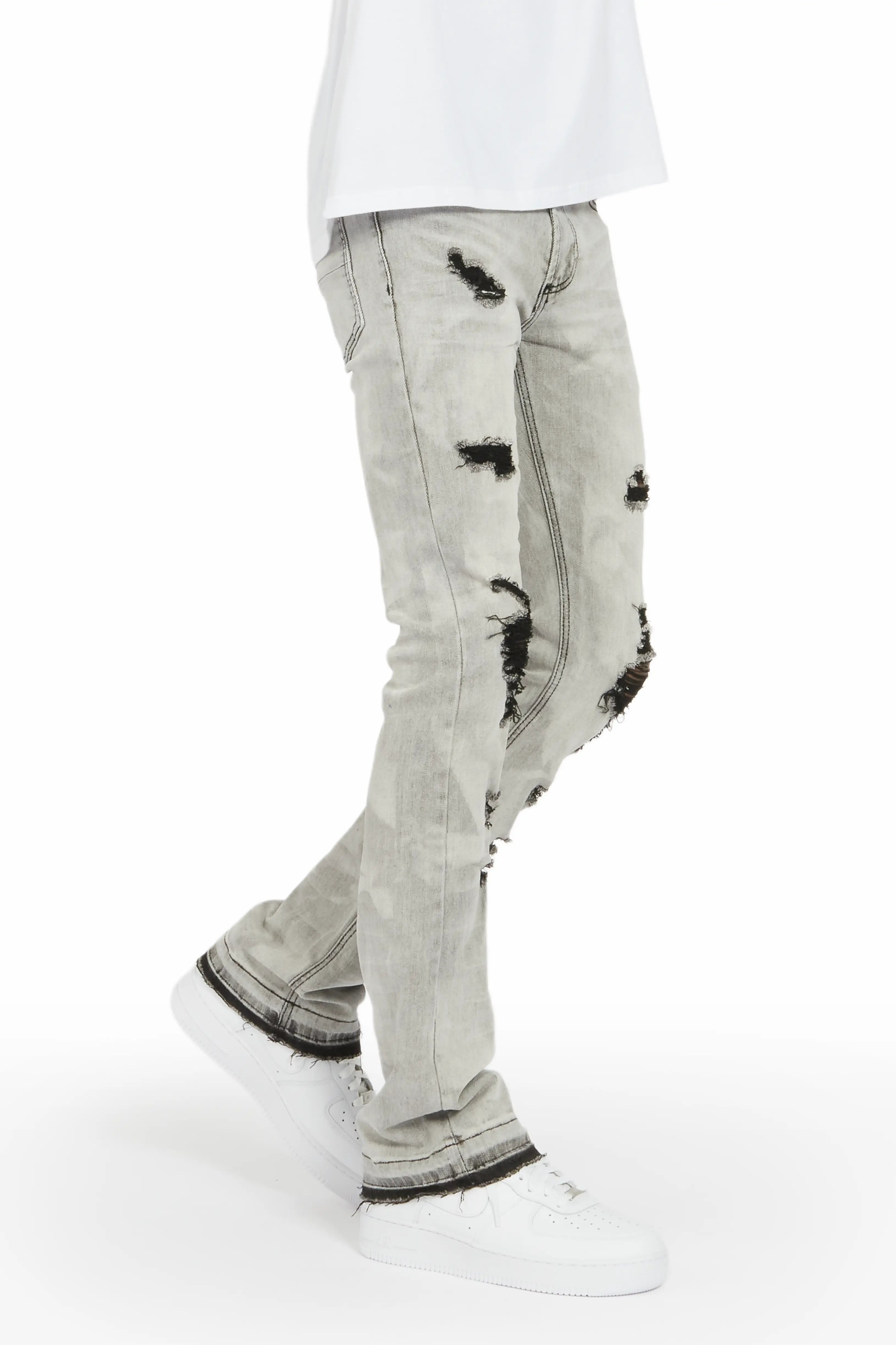 Sporty Elegance Florence Light Grey Stacked Flare Jean