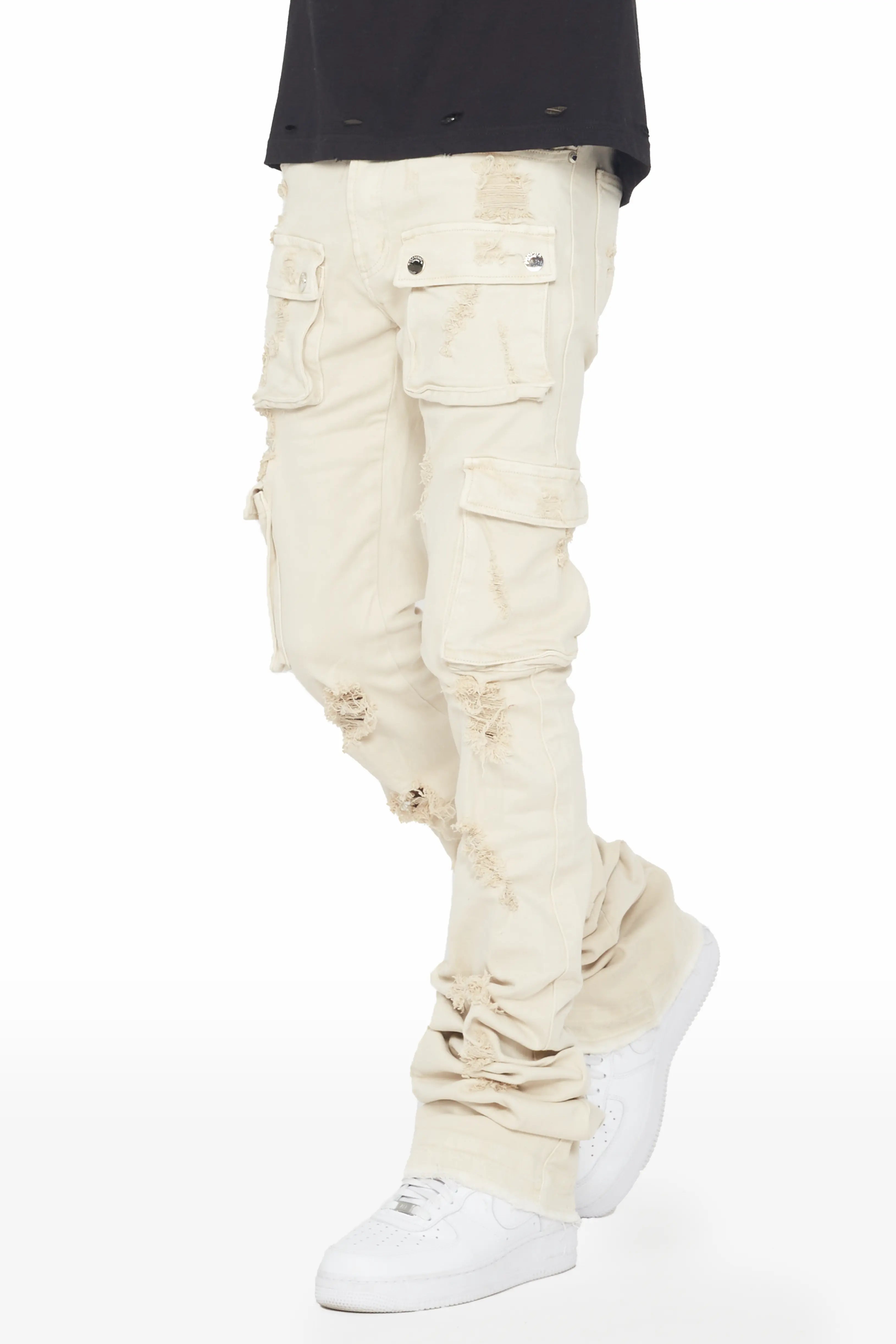 Zaire Beige Cargo Super Stacked Flare Jean