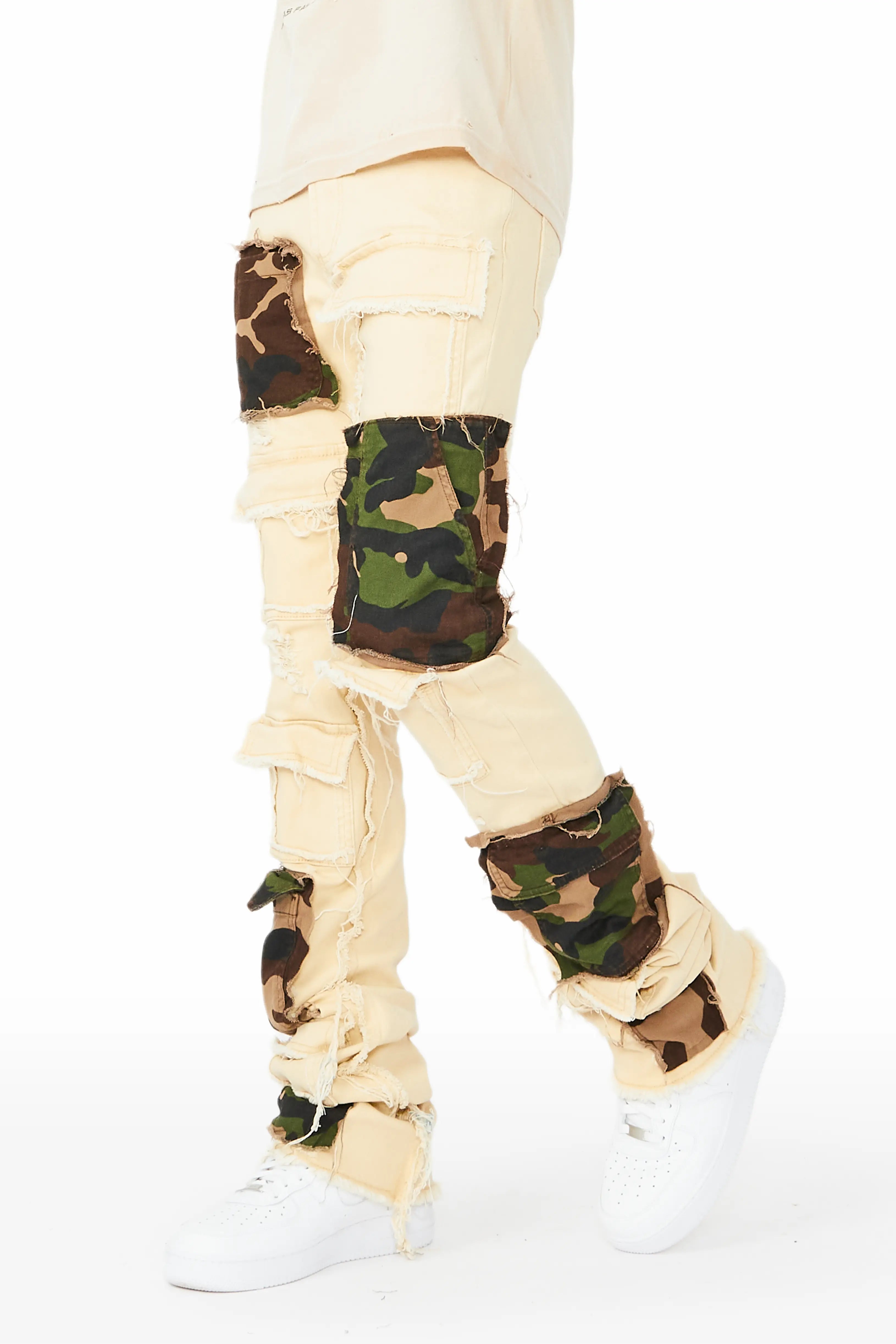 Cozy Street Style Heath Beige/Camo Patchwork Super Stacked Flare Jean