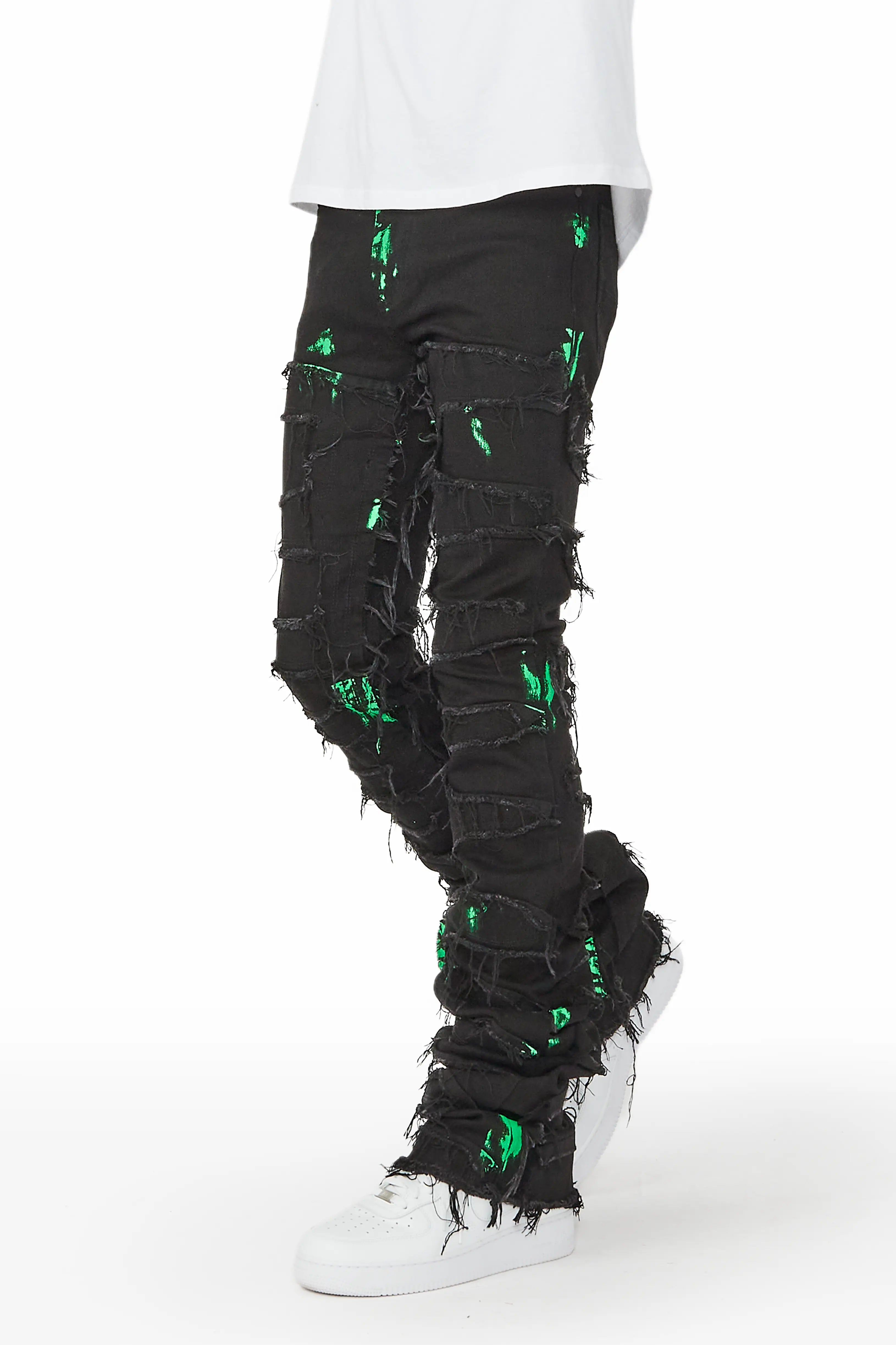 Noble And Elegant Gideon Black/Green Super Stacked Flare Jean