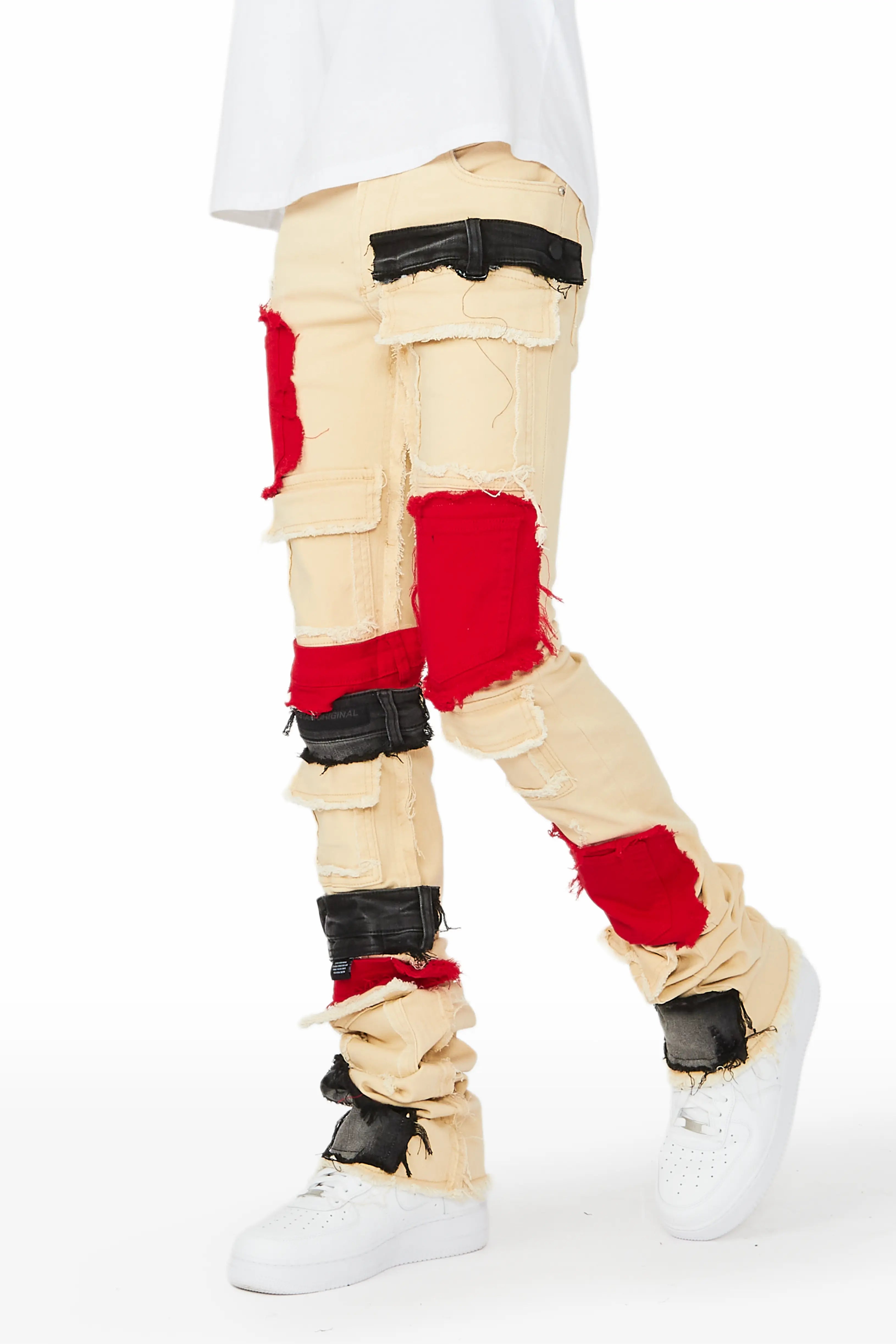 High Street Series Kaizen Beige/Red Patchwork Super Stacked Flare Jean
