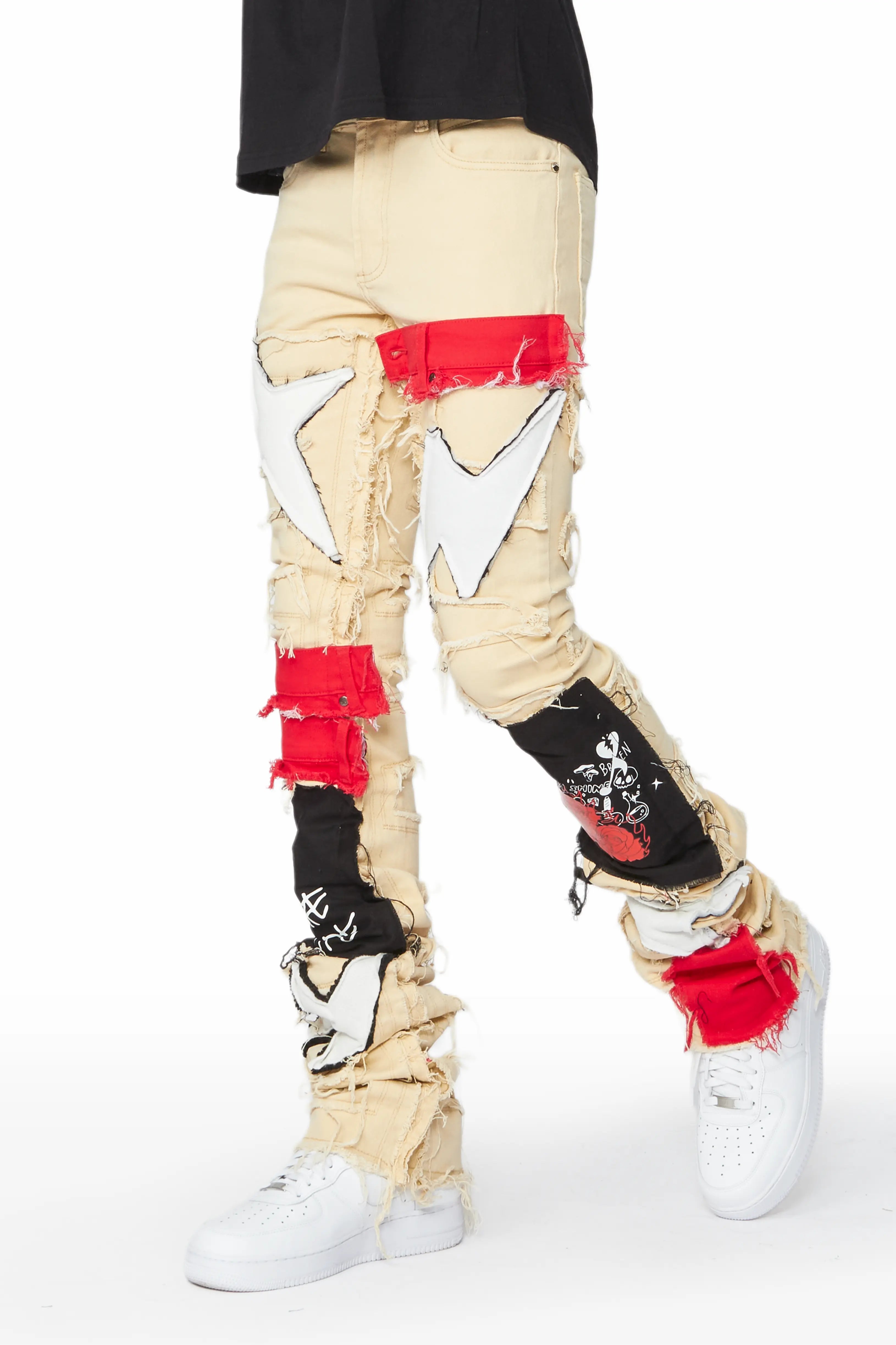 Modern Chic Arlo Beige Patchwork Super Stacked Jean