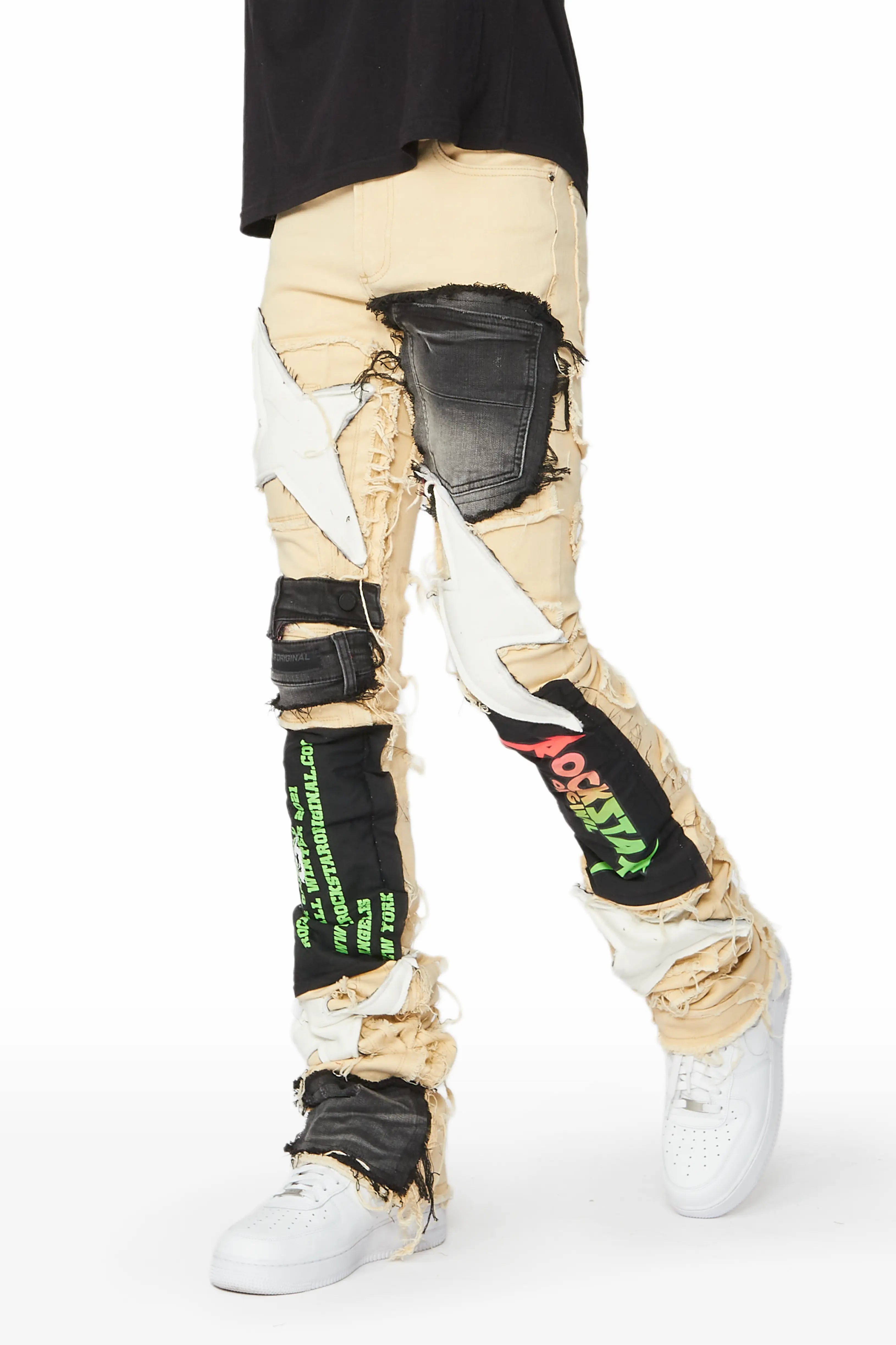 Breezy Outfits Brave Beige Patchwork Super Stacked Jean