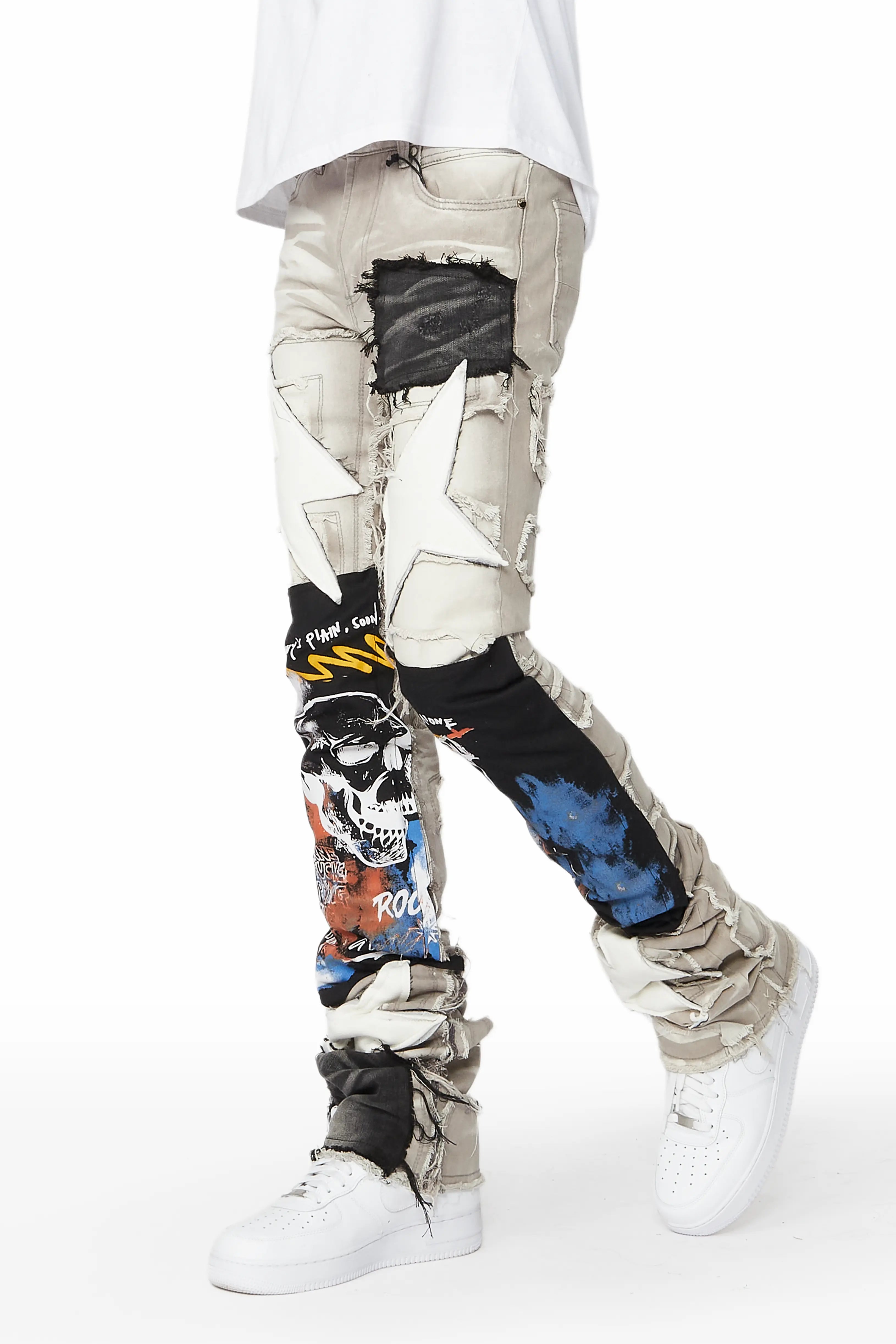 Cozy Essentials Wear Brave Grey Wash Patchwork Super Stacked Jean