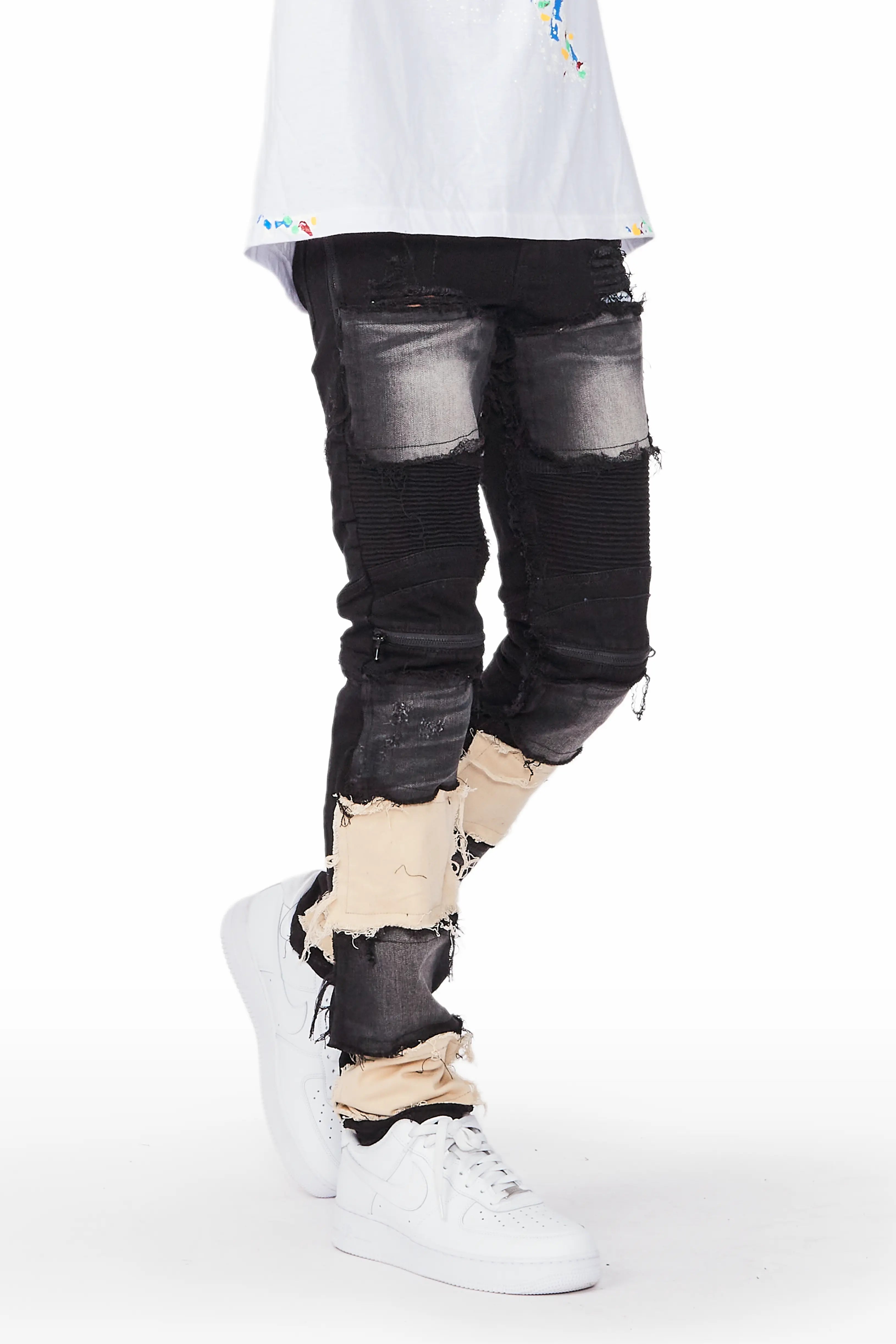 British Fashion Edric Black Patchwork Biker Jean