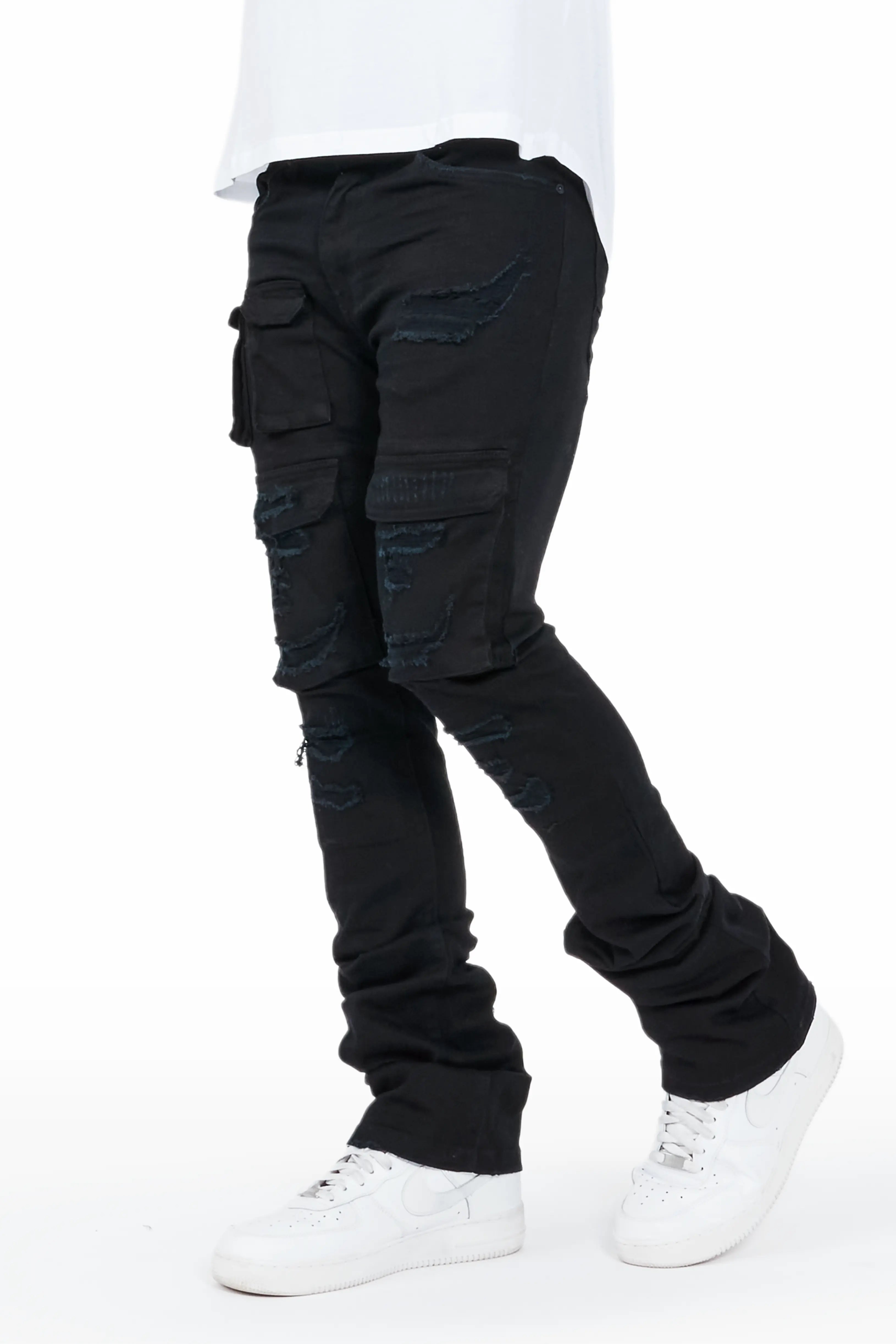 Versatile Itinerary Vance Jet Black Stacked Flare Cargo Jean