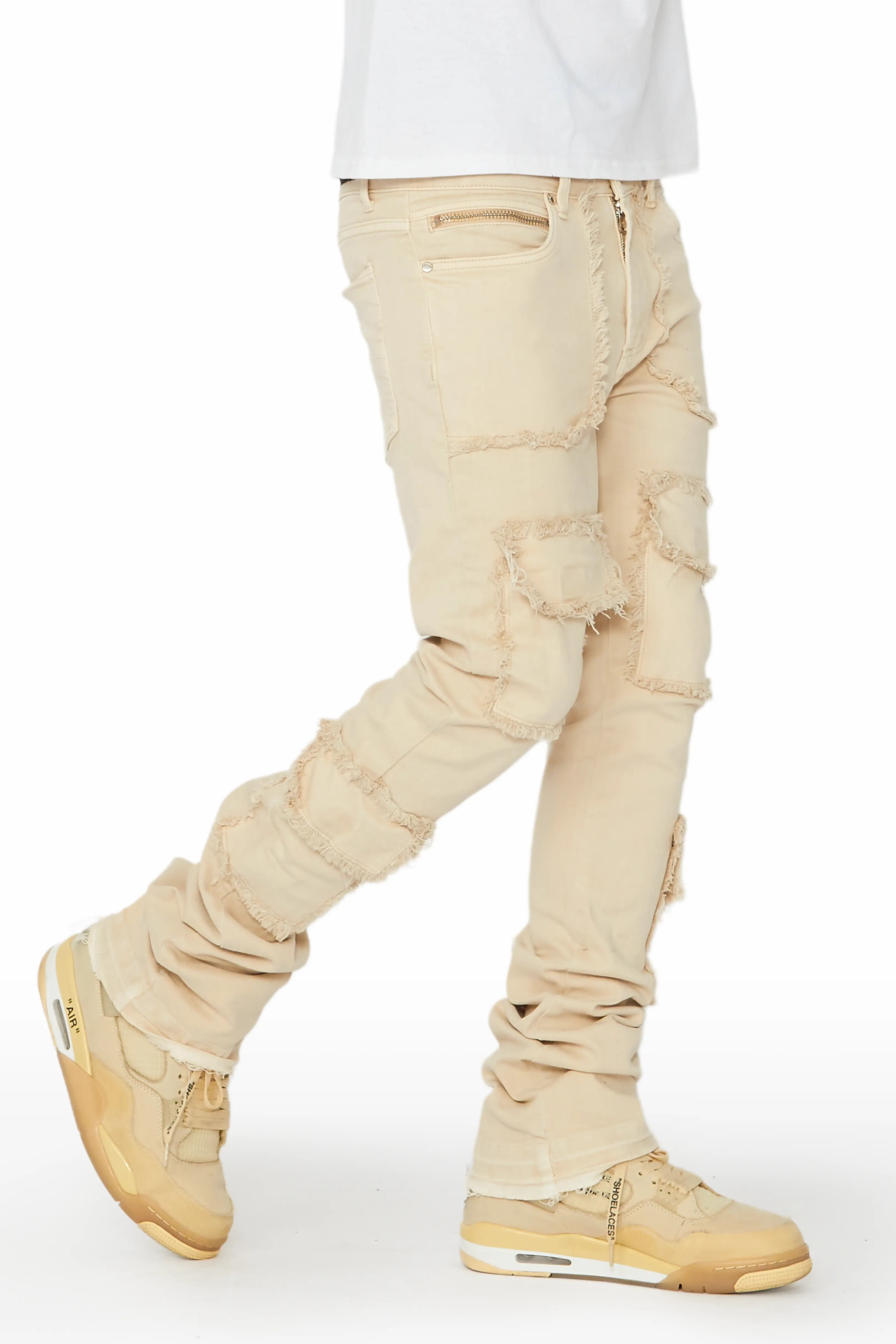 Soft Textures Tyrell Beige Stacked Flare Cargo Jean