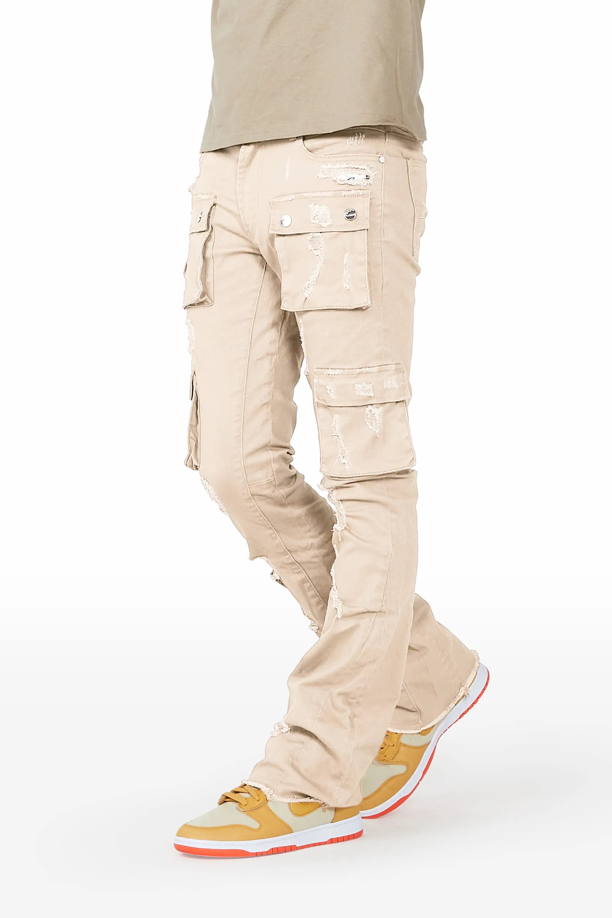 Classic Style Adriel Beige Cargo Stacked Flare Jean