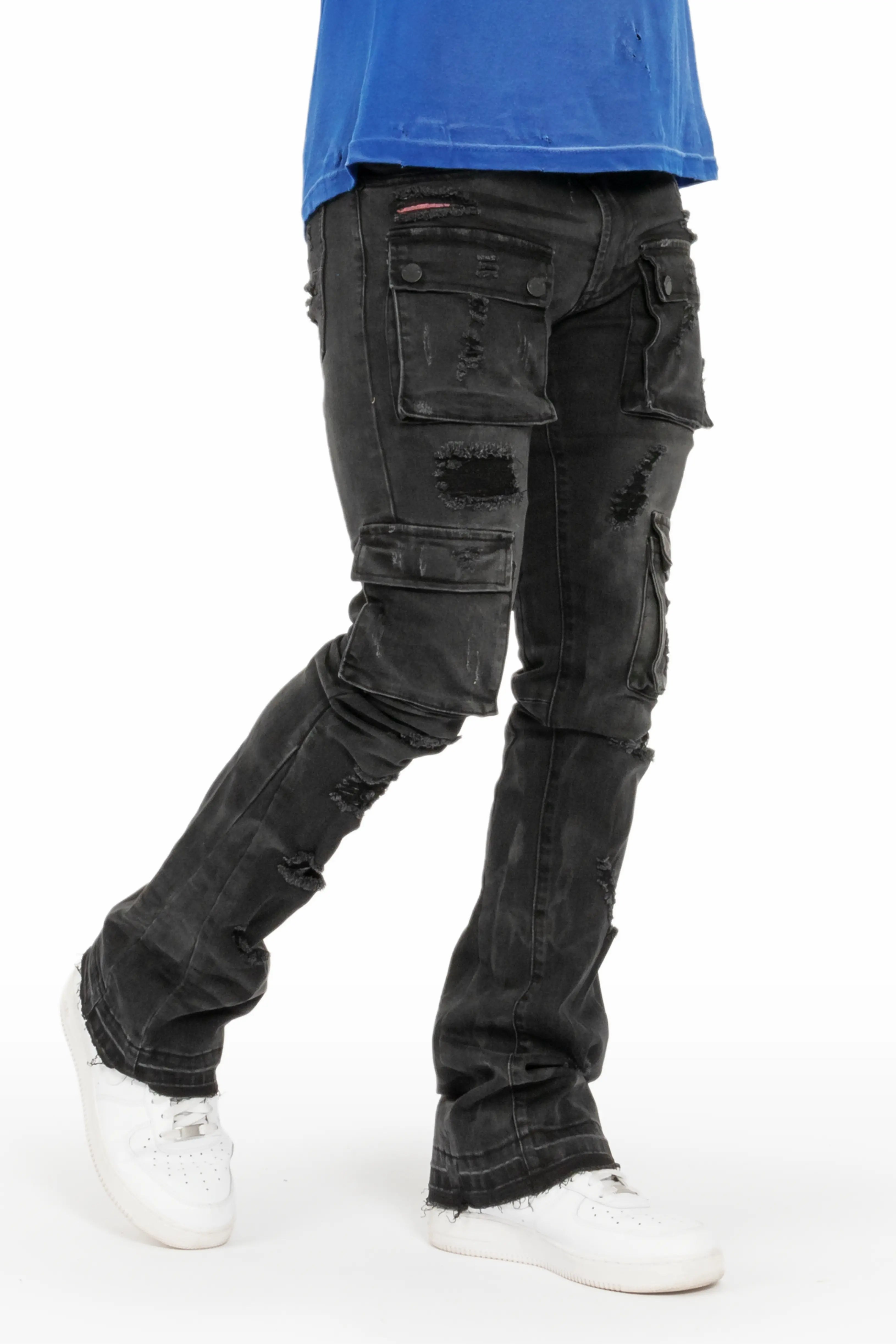 Exquisite Details Adriel Grey Wash Cargo Stacked Flare Jean