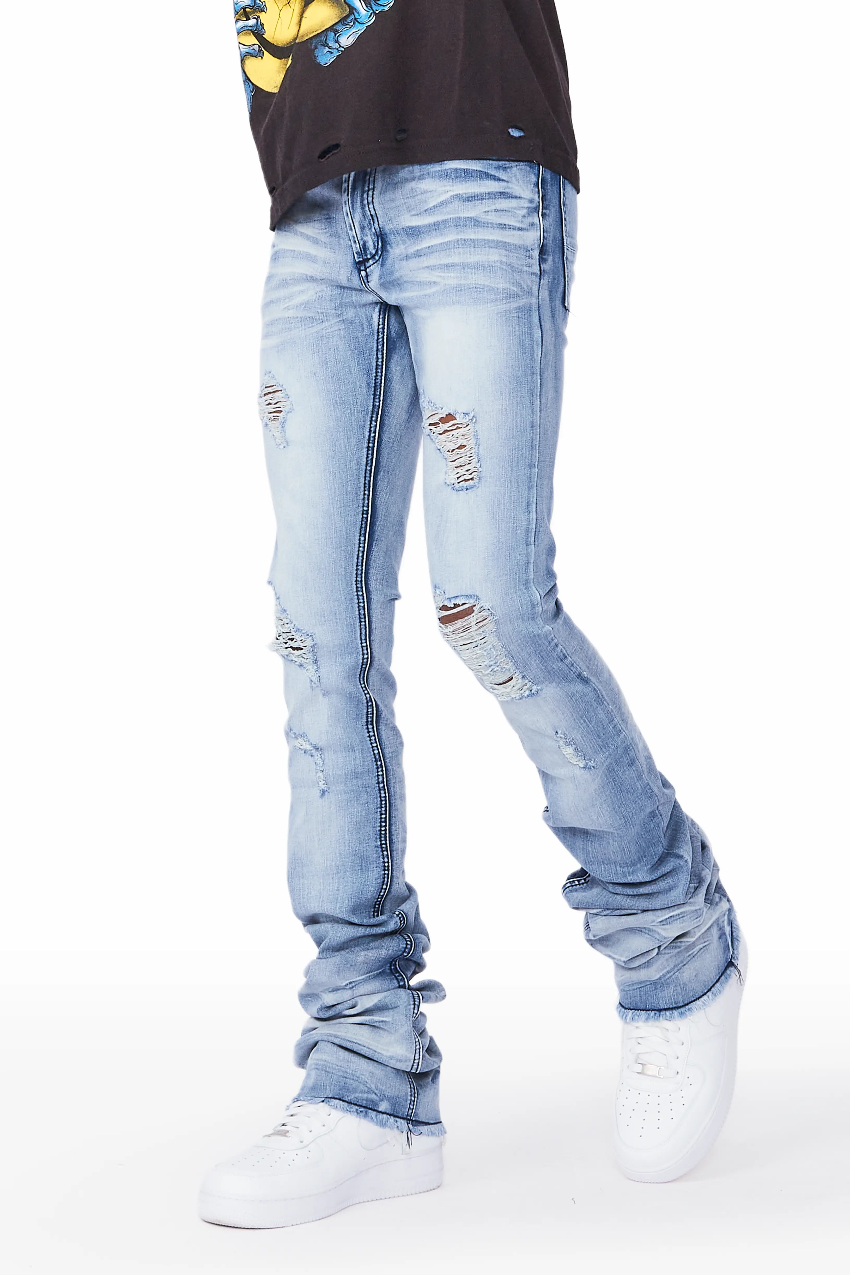High Street Design Josiah Blue Wash Super Stacked Flare Jean