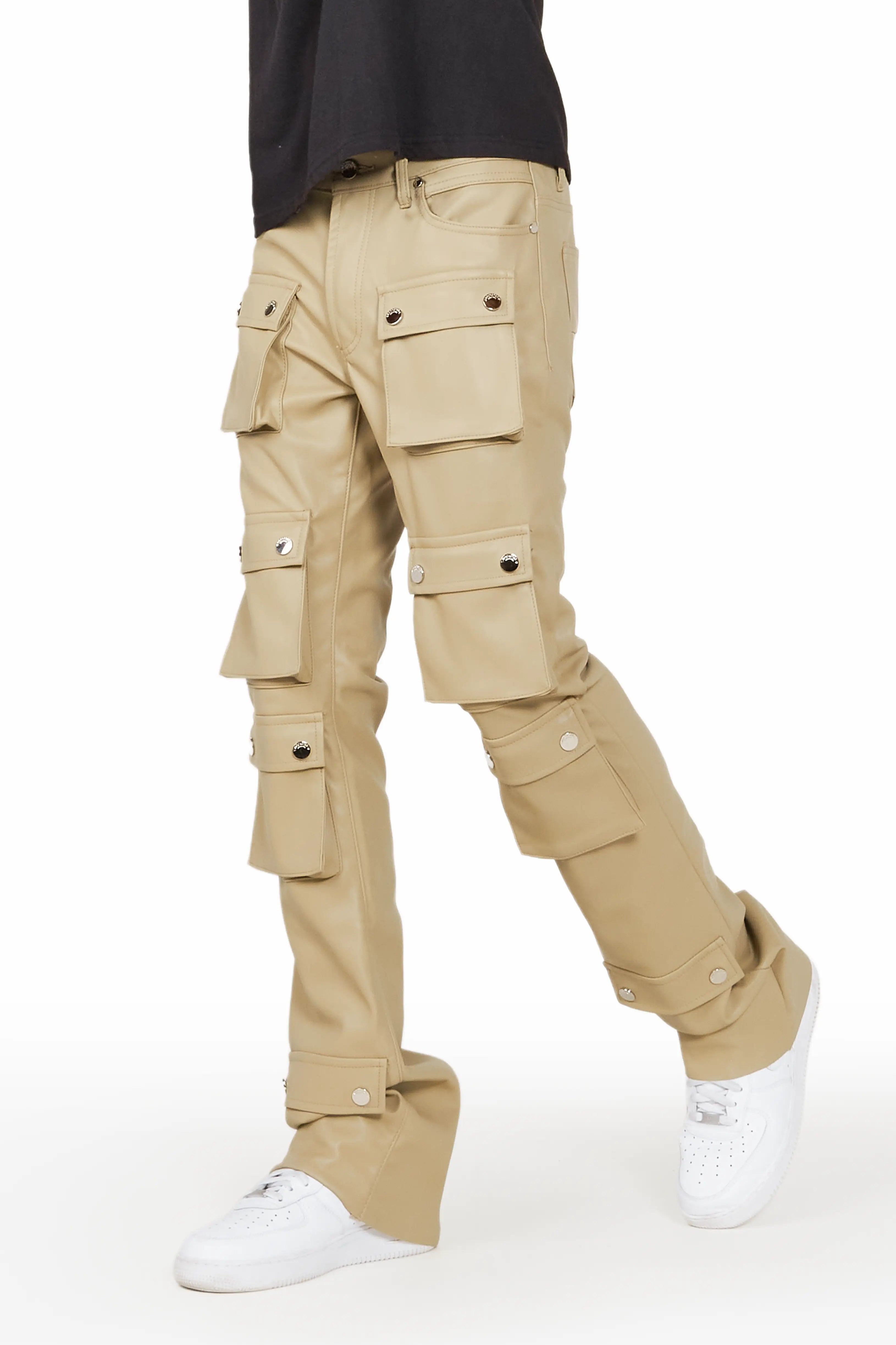 Soft Layers Remi Beige Faux Leather Stacked Flare Jean