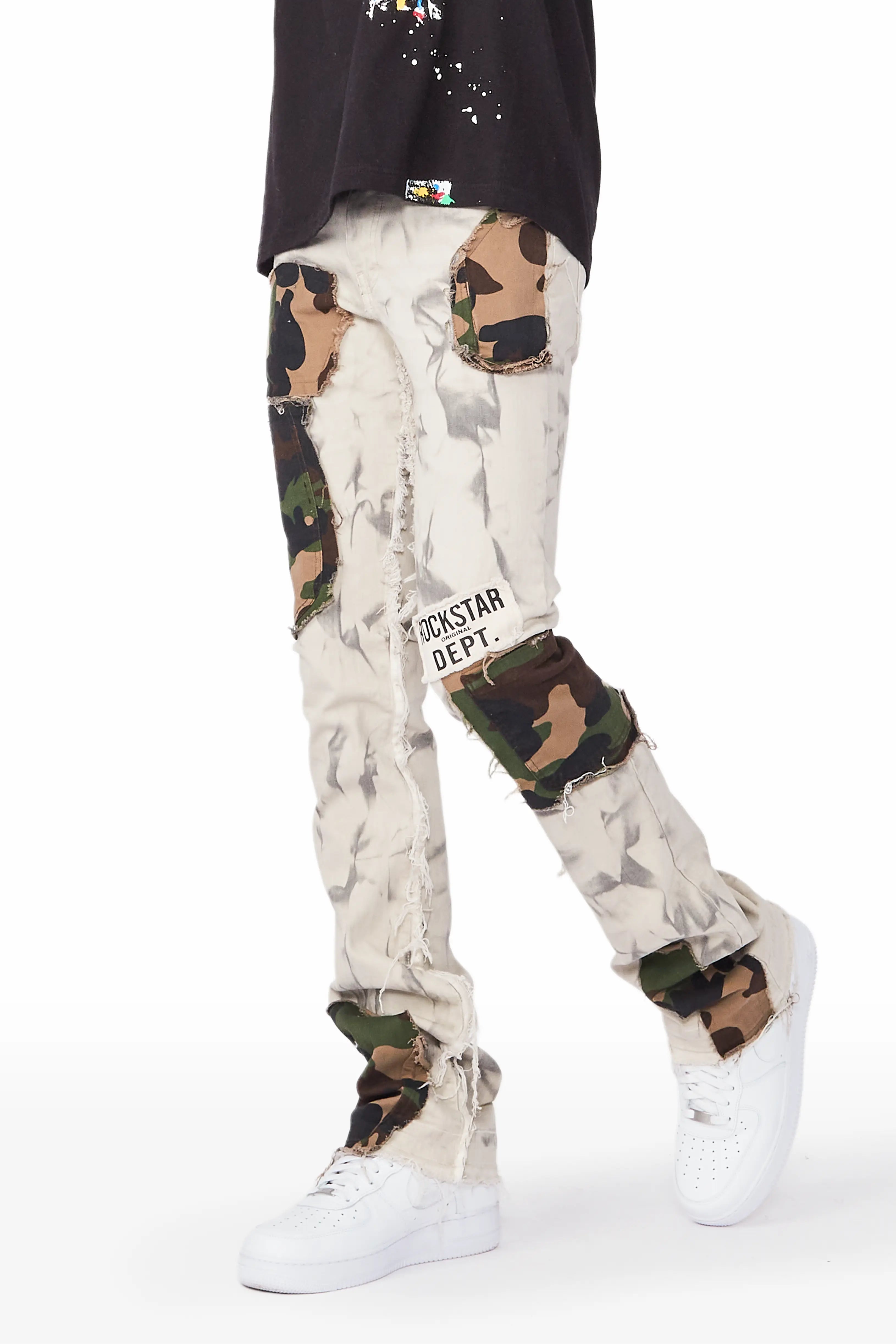 Comfortable Fashion Chad Beige/Camo Patchwork Stacked Jean