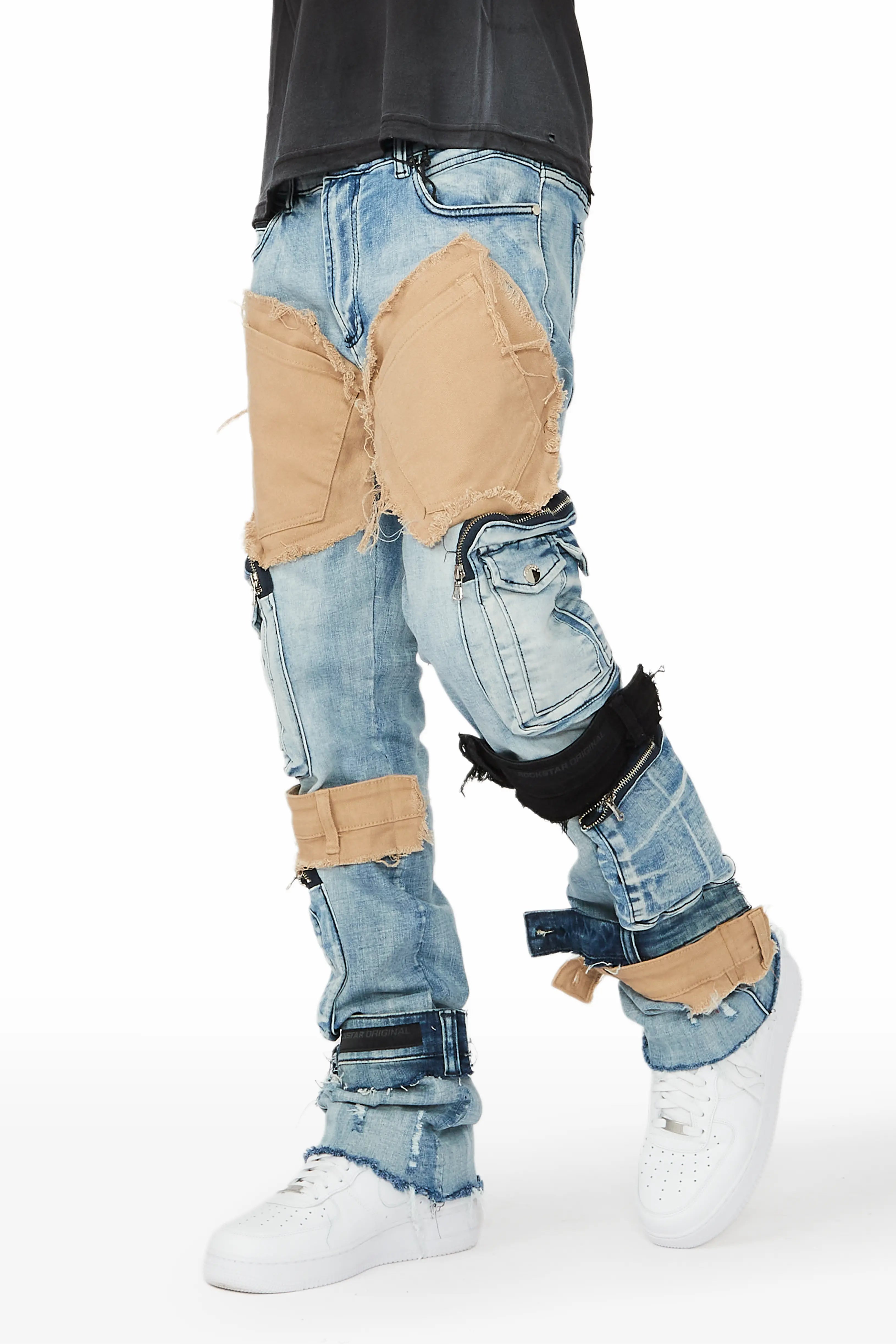 Classic Style Orion Blue Patchwork Stacked Flare Jean