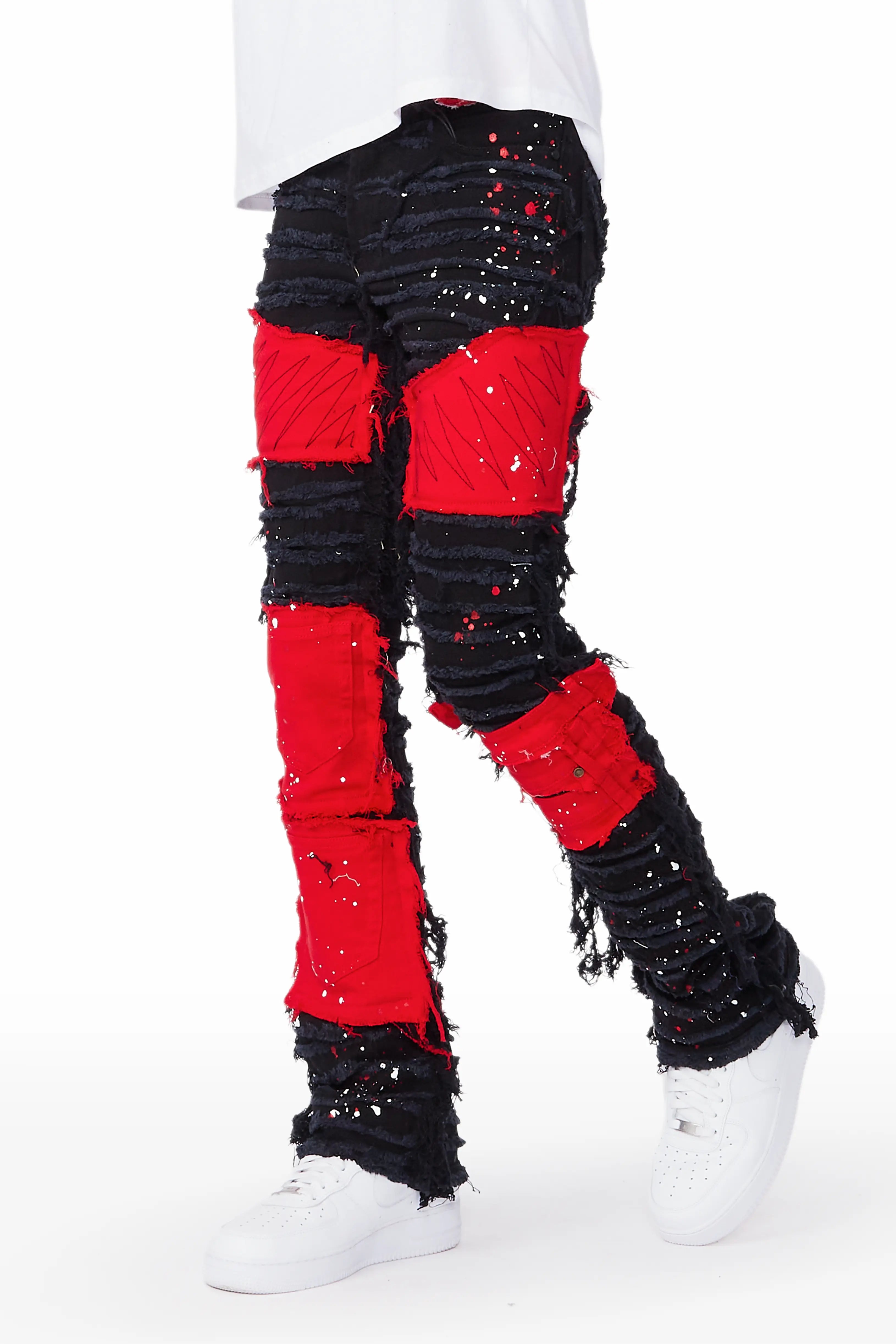 Soft Touch Vadim Black/Red Patchwork Stacked Flare Jean