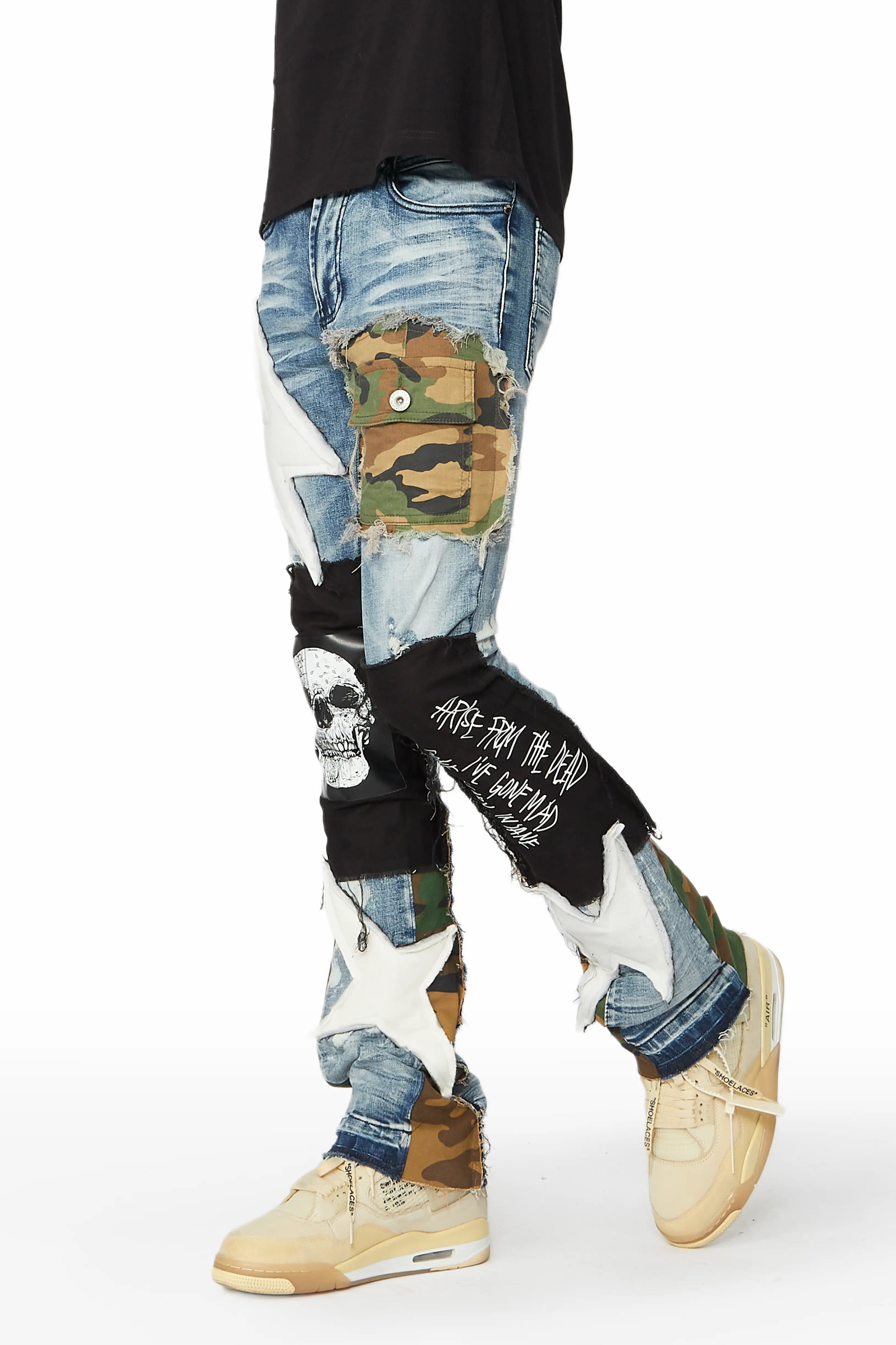 Trendy Wear Soren Blue/Camo Stacked Patchwork Flare Jean
