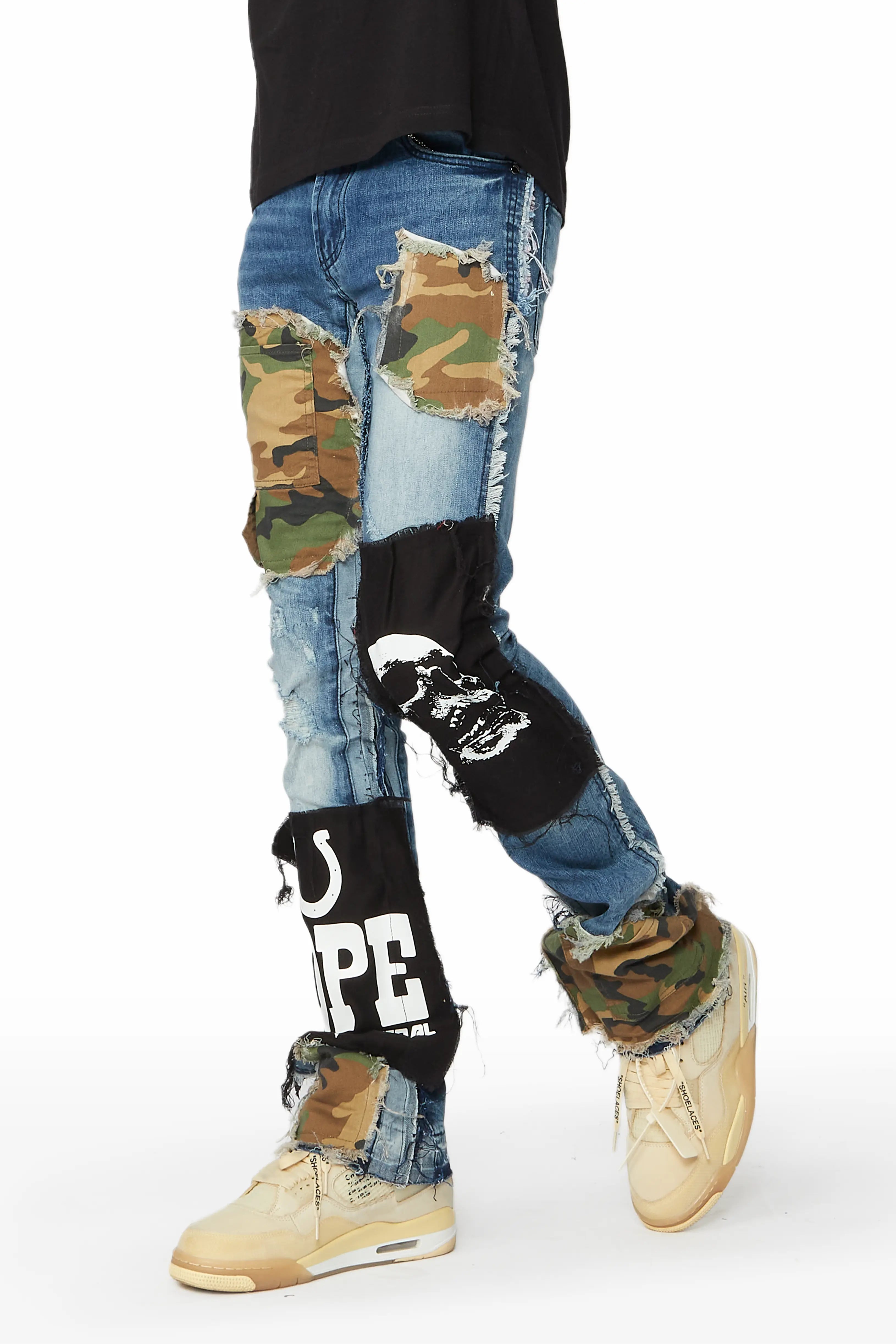 Cozy Shirts Hugo Blue/Camo Stacked Patchwork Flare Jean