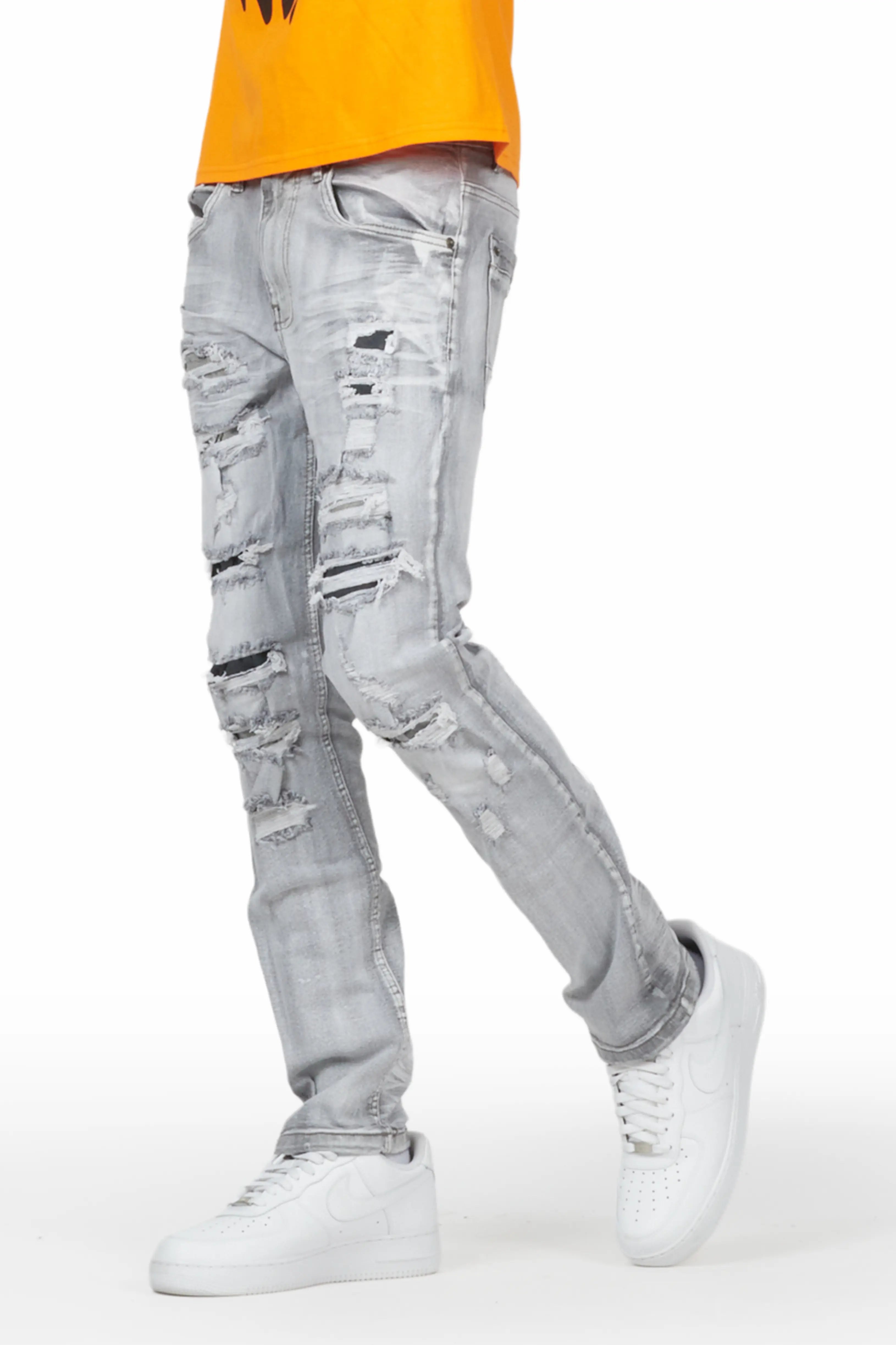 Gaines Light Grey Ripped Slim Straight Jean