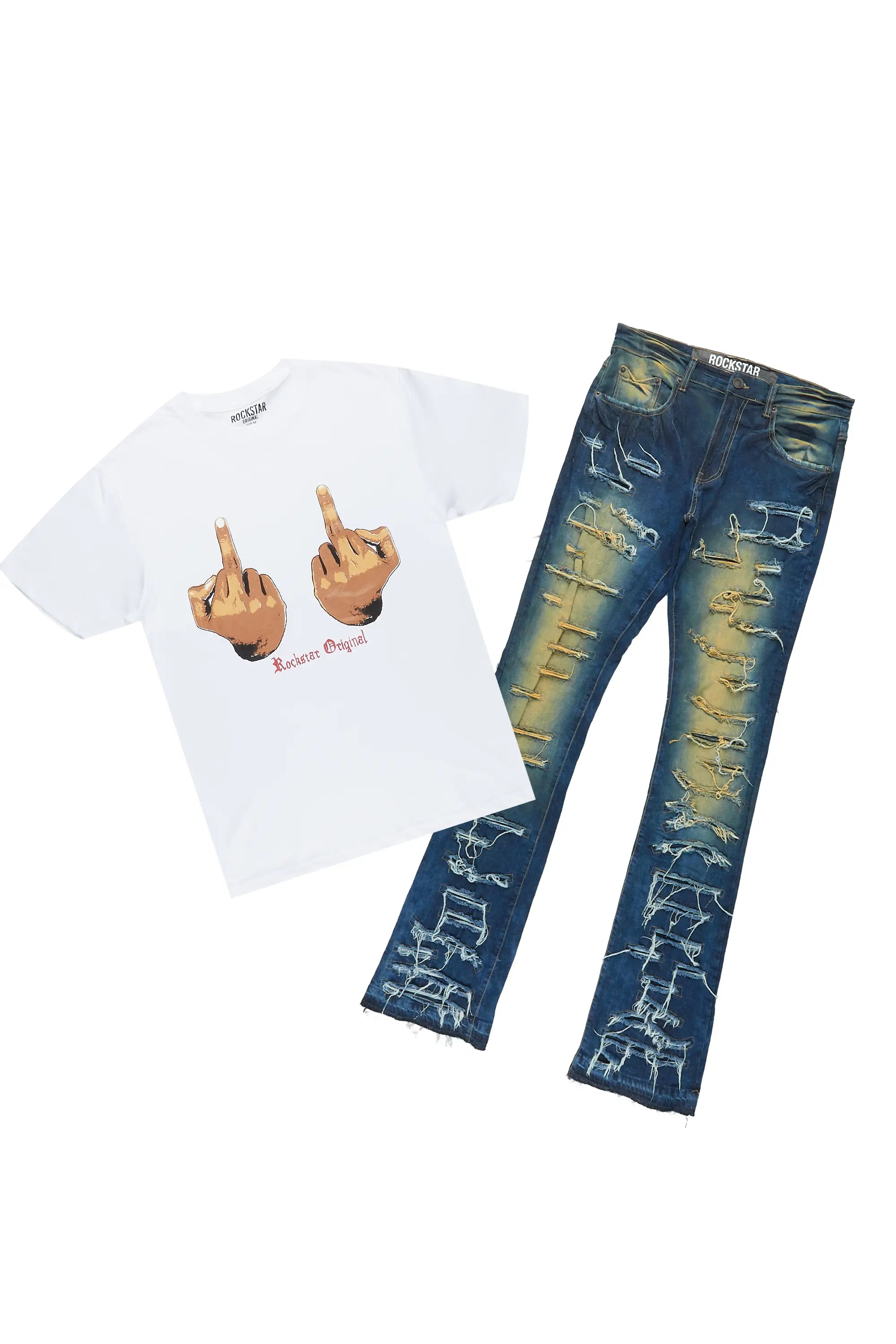 High-end Sense Walkon White T-Shirt & Malyk Stacked Jean Bundle