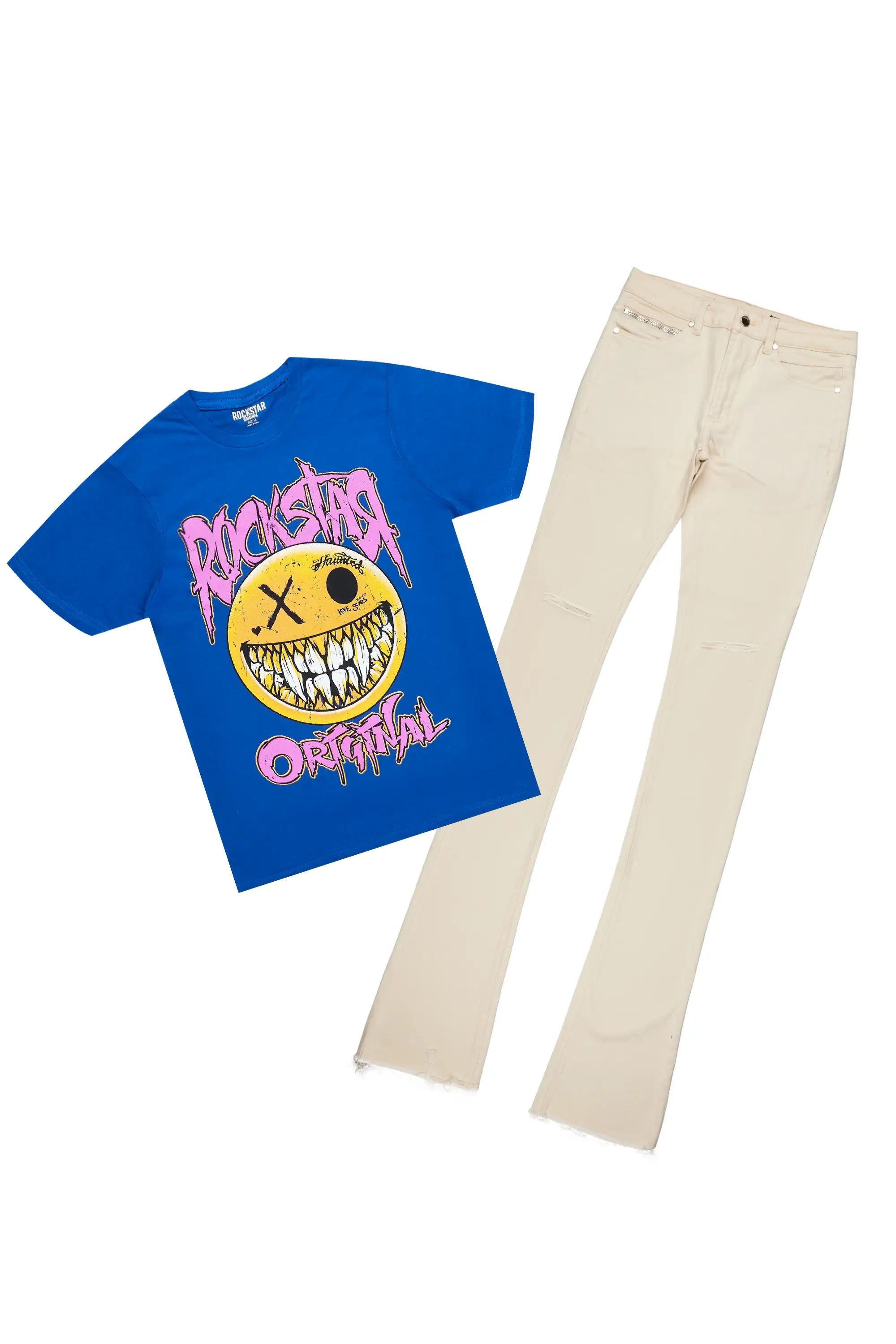 Fraust Royal T-Shirt & Josiah Beige Super Stacked Flare Jean Bundle