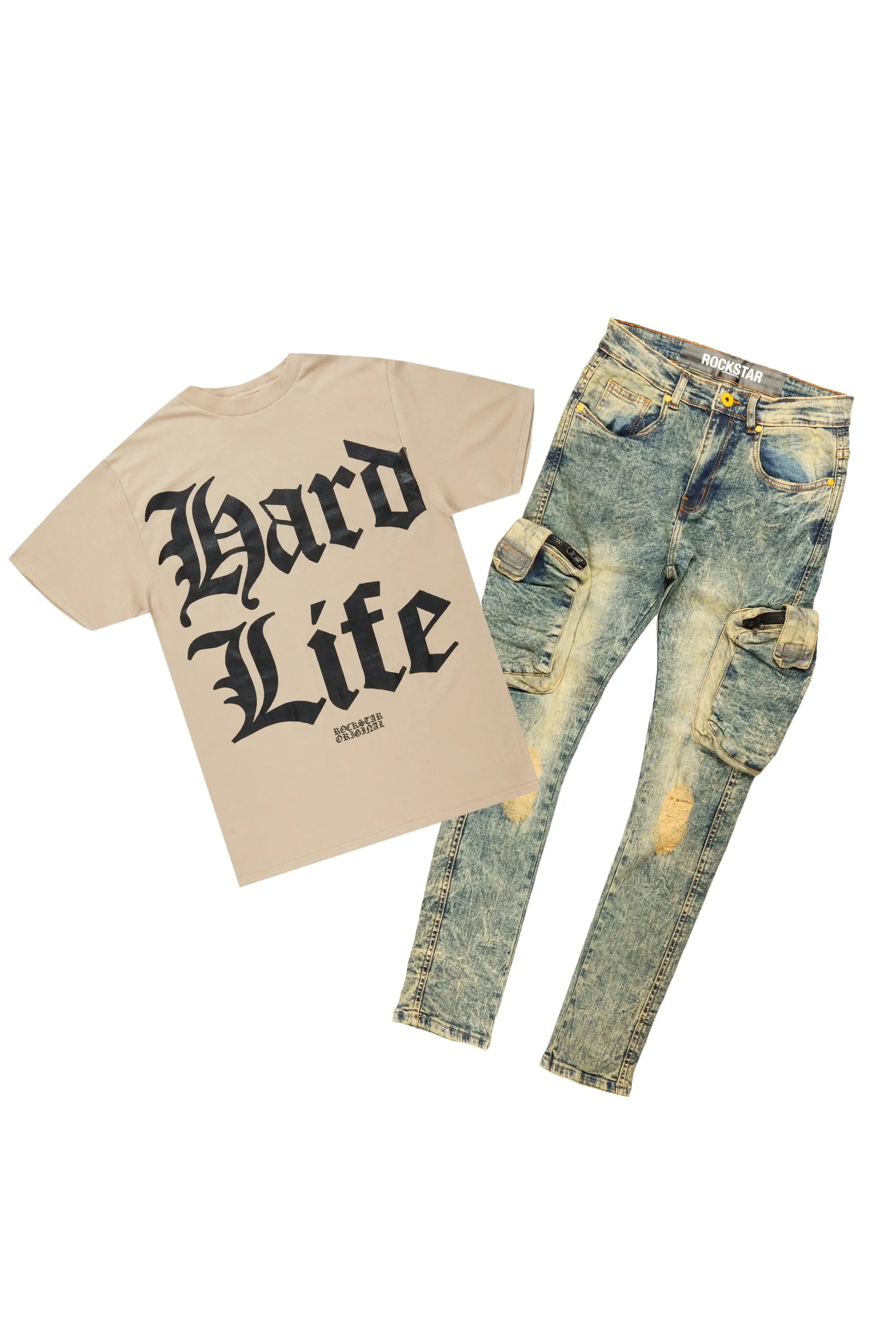 Hard Life Beige T-Shirt Slim Fit Cargo Jean Bundle