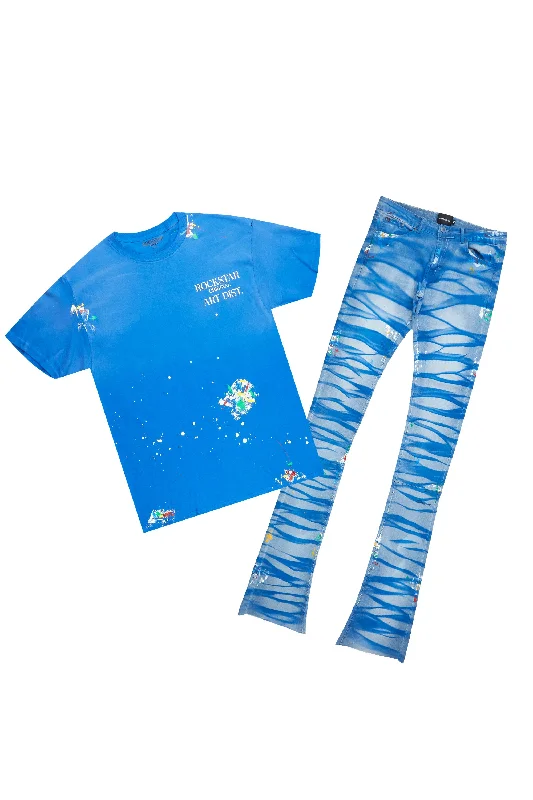 Lounge Wear Amell Blue Graphic T-Shirt/Super Stacked Flare Jean Set