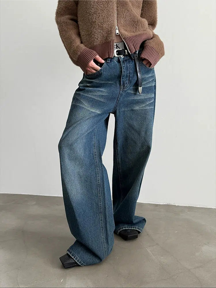 Simple Elegance Vintage Washed Wide Leg Jeans