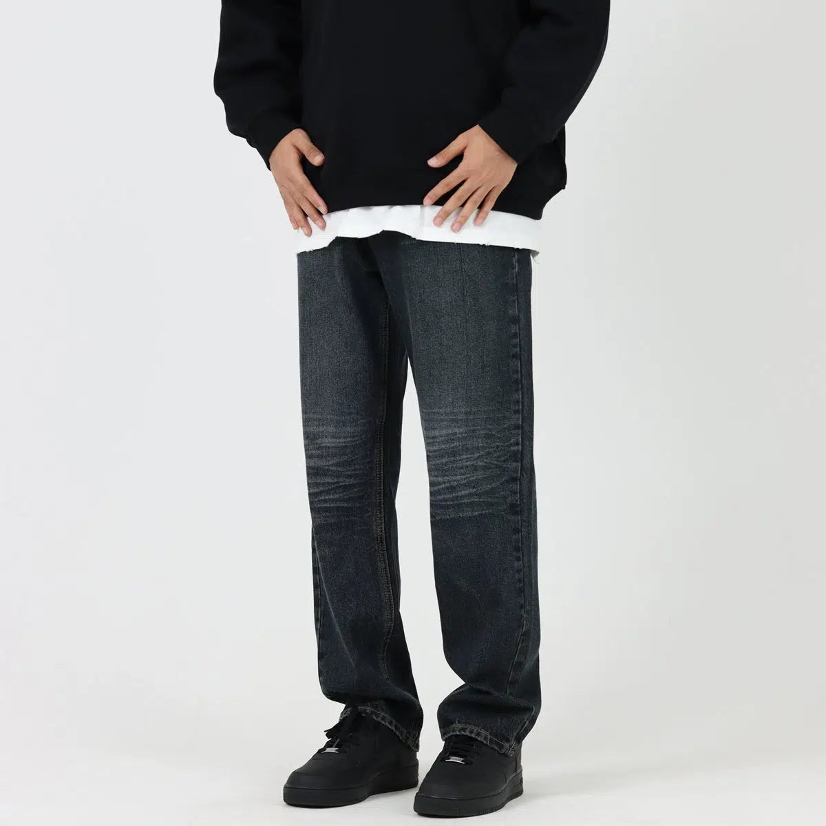 Fashionable In The Times Washed Dark Blue Straight Jeans