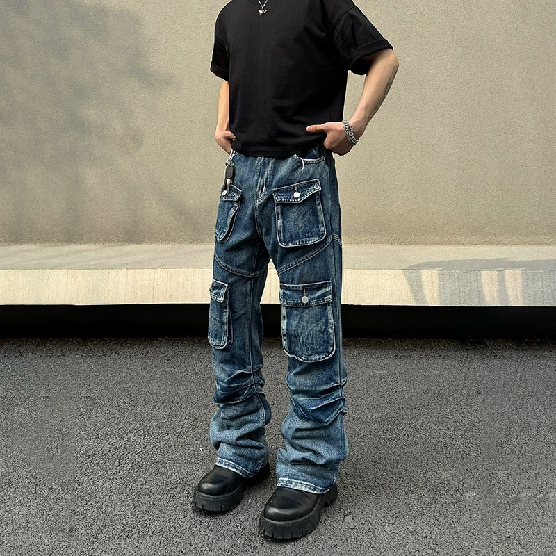 Luxury Style Washed Multi-pocket Straight Jeans