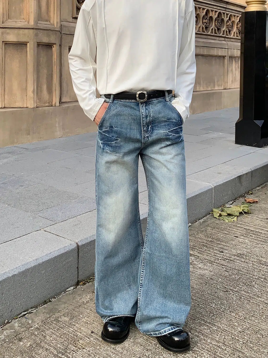 Simple Style Wide-Leg Distressed Denim Pants