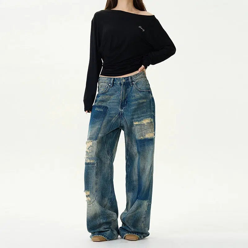Cozy Fashion Wide-Leg Distressed Denim Pants