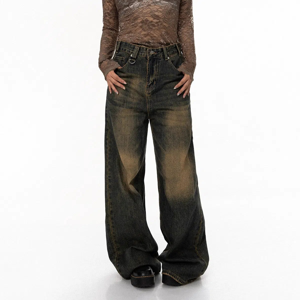 High-quality Styles Yellow mud Gradient Wide-leg Jeans
