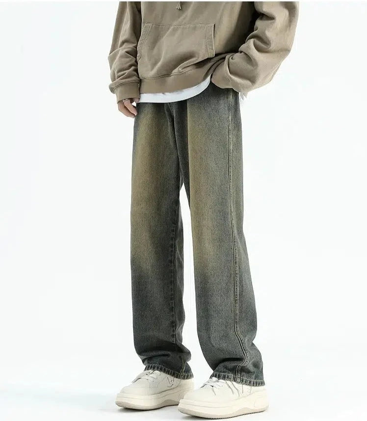 High-end Fashion Yellow Mud Washed Straight-leg Jeans