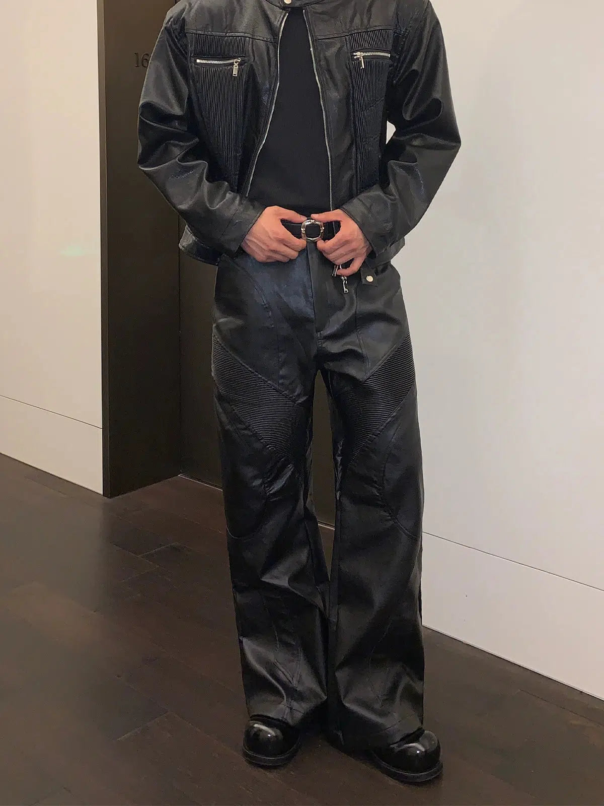 Hooded design Black Leather Pants