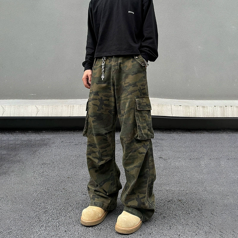 High-end Design Cargo Pleated Camo Pockets Pants