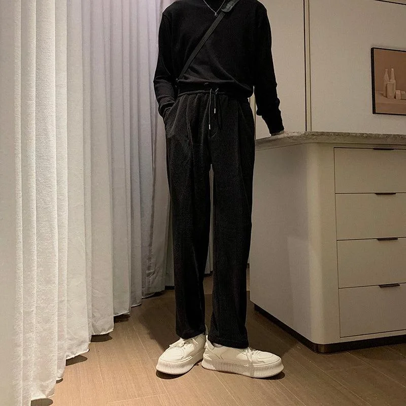 Simple Solid Color Pleated Corduroy Drawstring Winter Pants