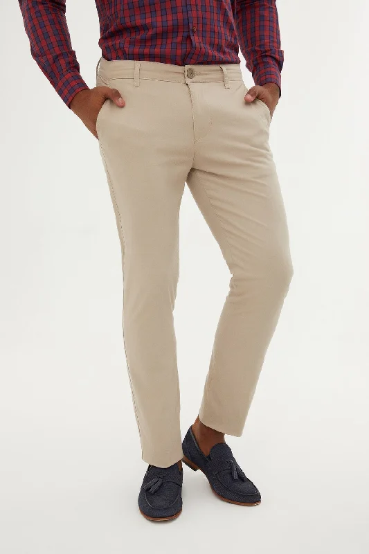 Fresh Comfort Dynamic Fit Side Pocket Low Waist Unpleated Cotton Black Casual Pants, Beige