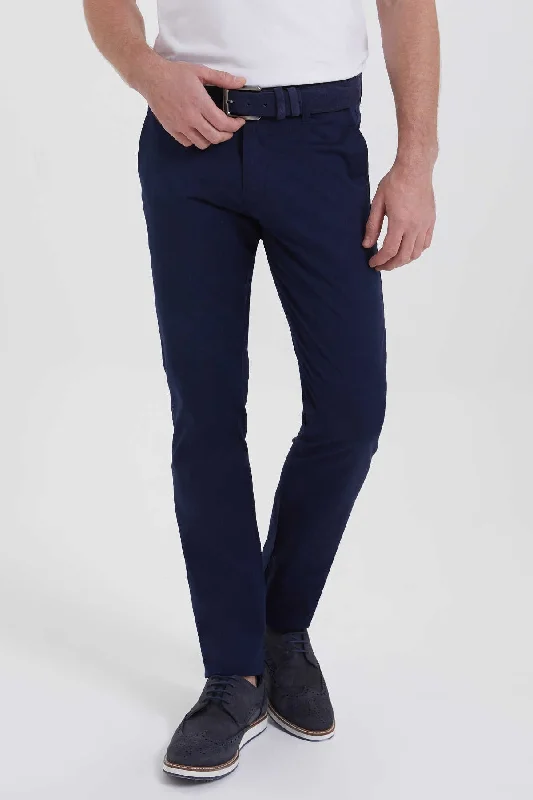 Comfortable Tops Regular Fit Side Pocket Low Waist Unpleated Cotton Mink Casual Pants, Navy