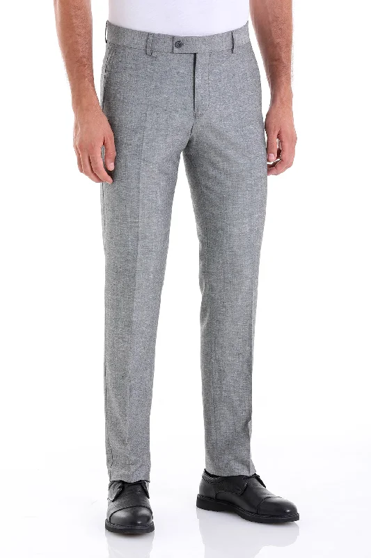 Elegant Comfort Regular Fit Side Pocket Low Waist Unpleated Linen Blue Dress Pants, Gray