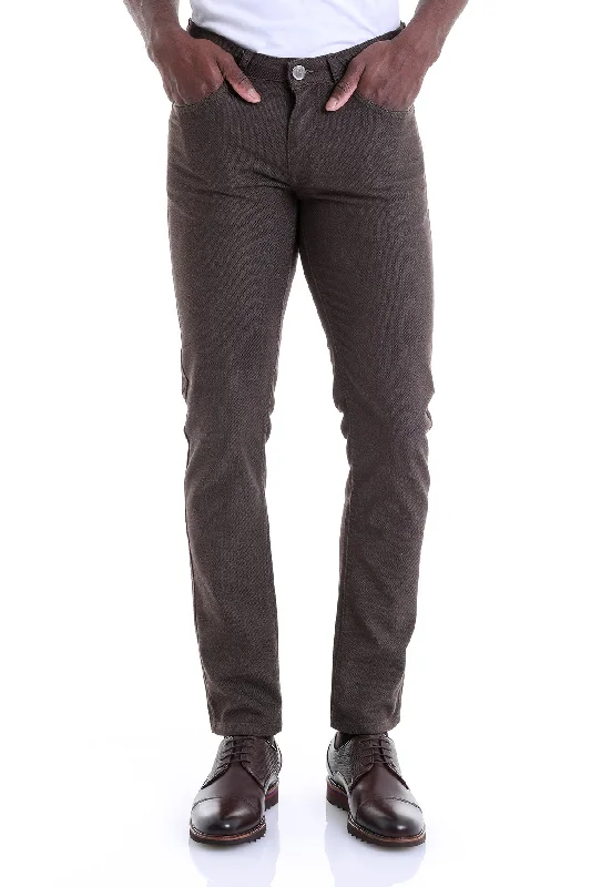 Relaxed Weekend Wear Slim Fit 5 Pocket Low Waist Unpleated Cotton Black Casual Pants, Brown D.