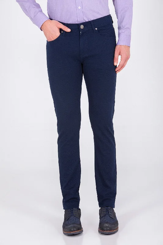 Layered Comfort Slim Fit 5 Pocket Low Waist Unpleated Cotton Black Casual Pants, Navy