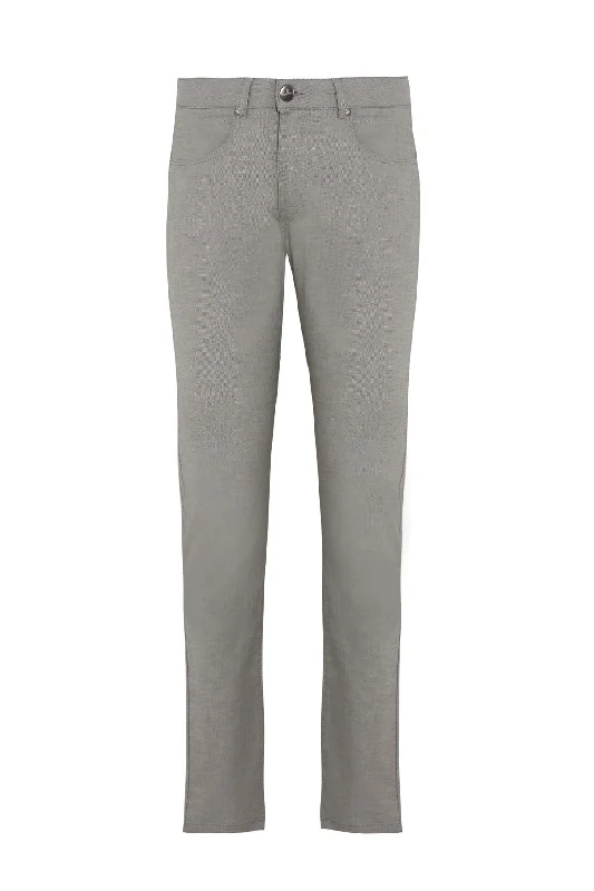 Effortless Looks Slim Fit 5 Pocket Low Waist Unpleated Cotton Light Gray Casual Pants, Light Gray D. 1