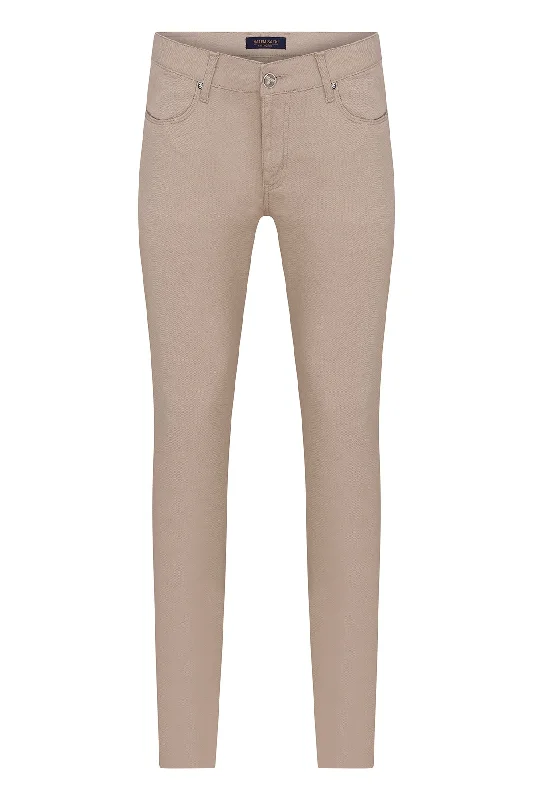European Plan Slim Fit 5 Pocket Low Waist Unpleated Cotton Mink Casual Pants, Beige