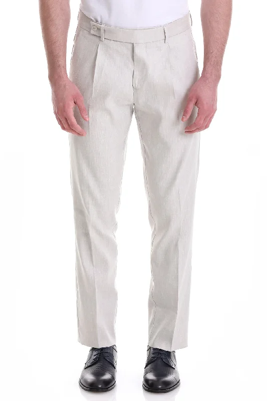 Fashion Classic Slim Fit Beige High Waist Single Pleated Linen Dress Pants