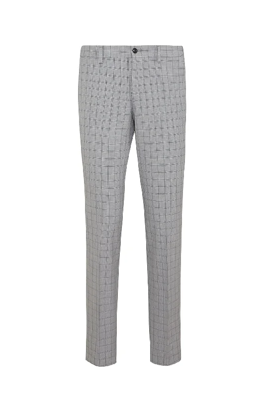 High Street Style Slim Fit Plaid Gray Side Pocket Low Waist Dress Pants