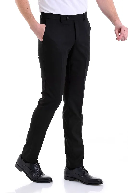 Multifunctional Style Slim Fit Side Pocket Low Waist Unpleated Black Dress Pants, Black