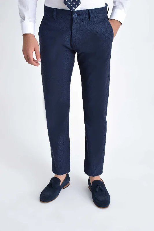 Elegant Fit Slim Fit Side Pocket Navy Cotton Casual Pants
