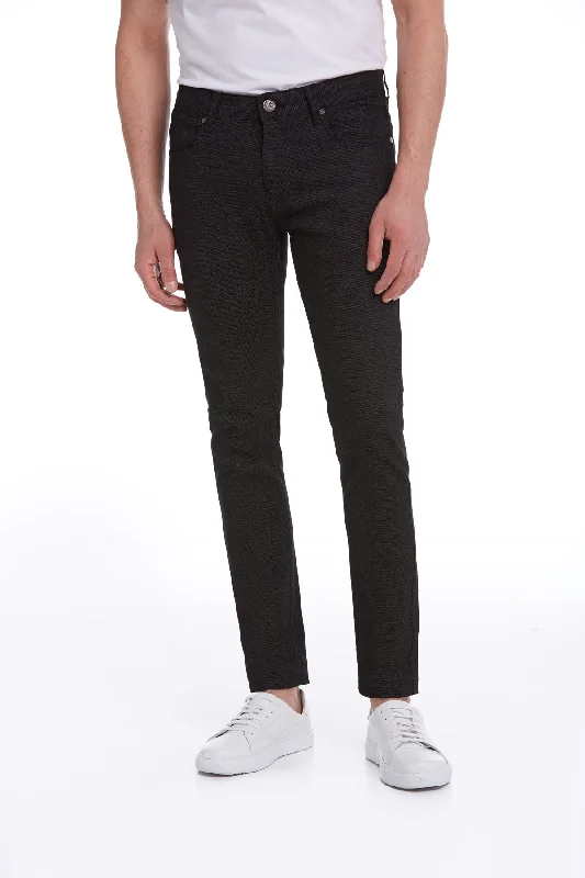 Exquisite Embroidery Slim Fit Woven Textured Low Waist Black Cotton Casual Pants